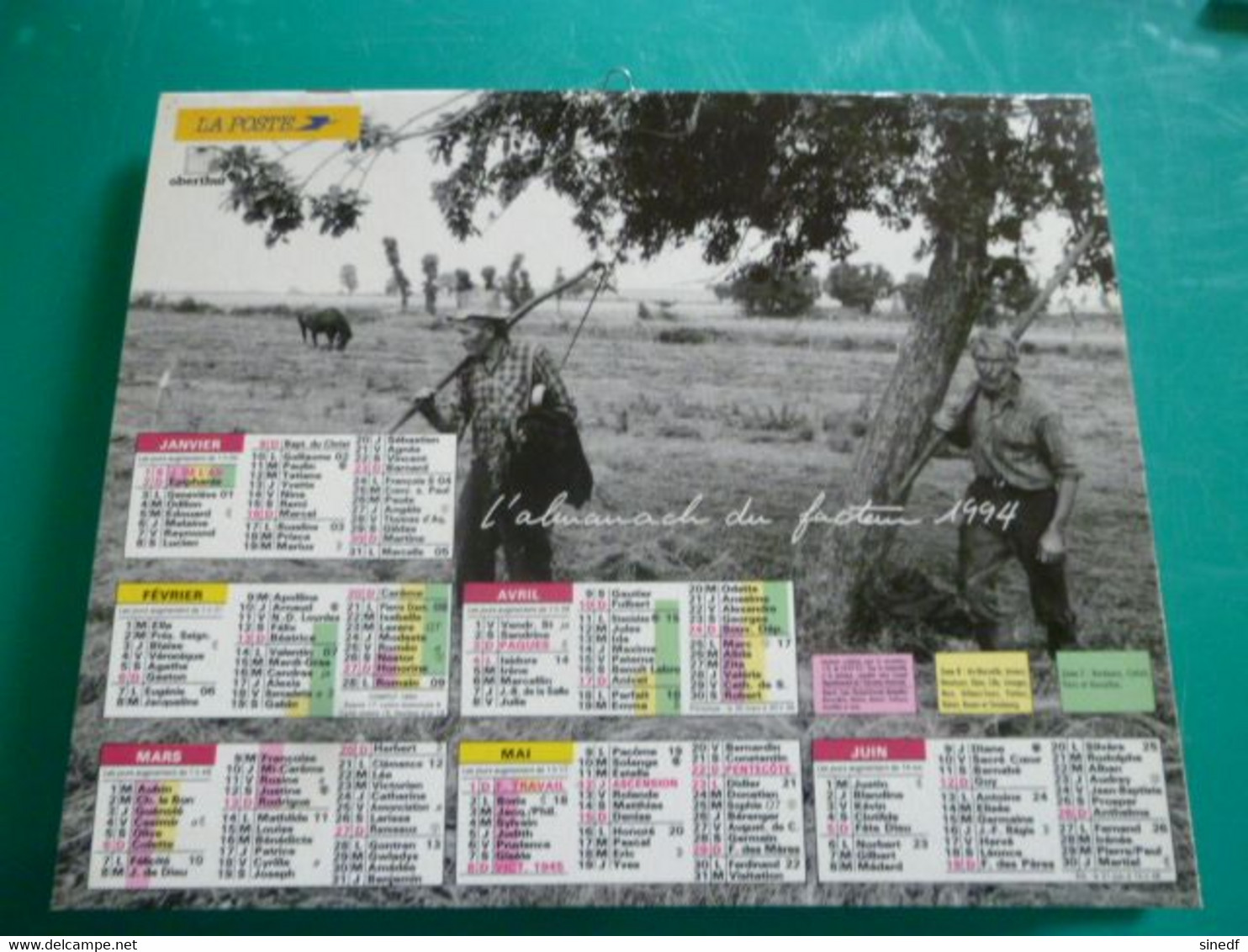 calendrier 1994 OBERTHUR Photo Martin NB campagne labour, faucheurs Battage faux fables La Fontaine  facteur PTT POSTE