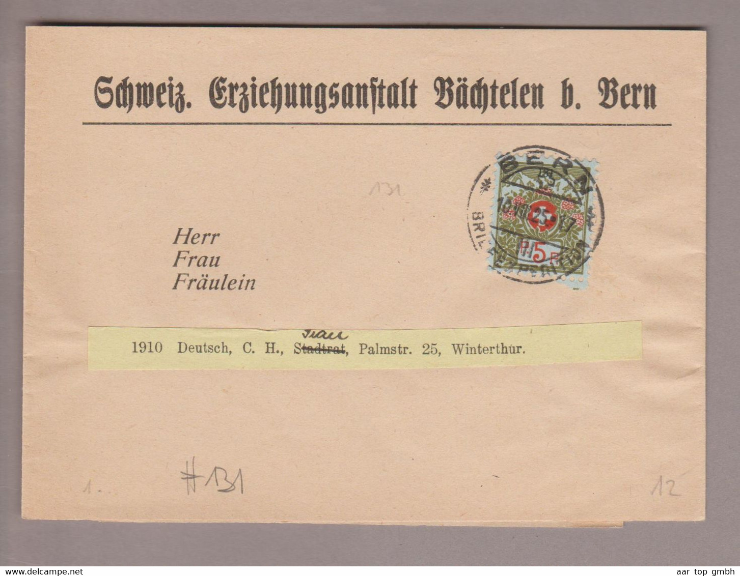 CH Portofreiheit Zu#4A 5Rp. Kl#131 Streifband Bern 1925-07-10 Schweiz.Erziehungsanstalt Bächtelen B.Bern - Vrijstelling Van Portkosten