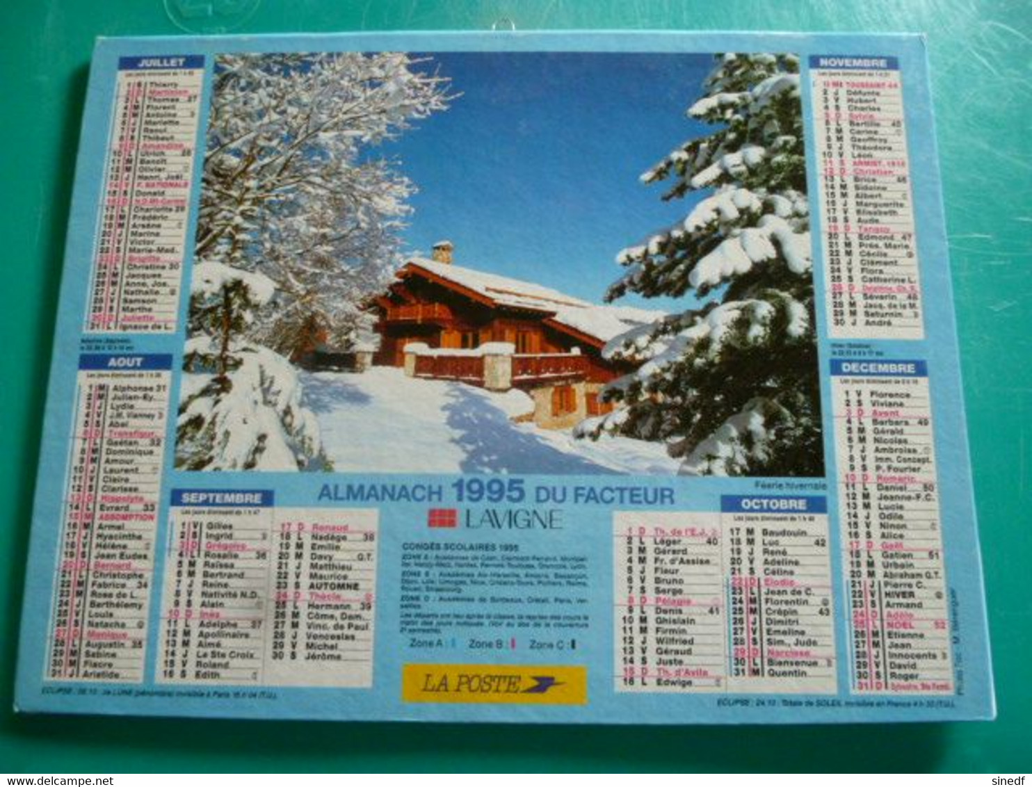 Calendrier Lavigne 1995  Combloux Mont Blanc Féerie Hivernale Almanach  Facteur Sarthe  PTT POSTE - Grand Format : 1991-00