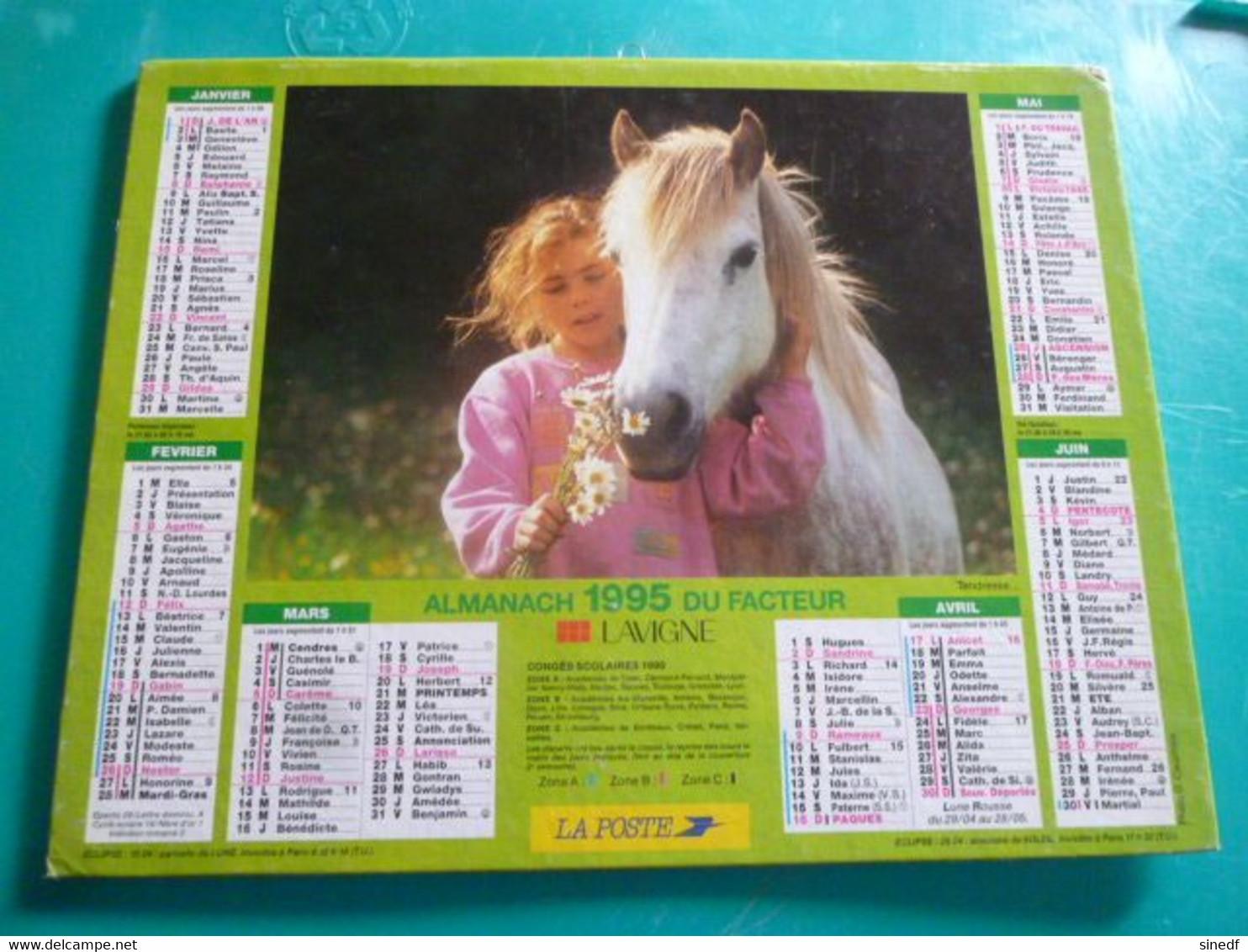 Calendrier Lavigne 1995  Tendresse Chien Golden  Cheval Enfant Almanach  Facteur Sarthe  PTT POSTE - Grand Format : 1991-00