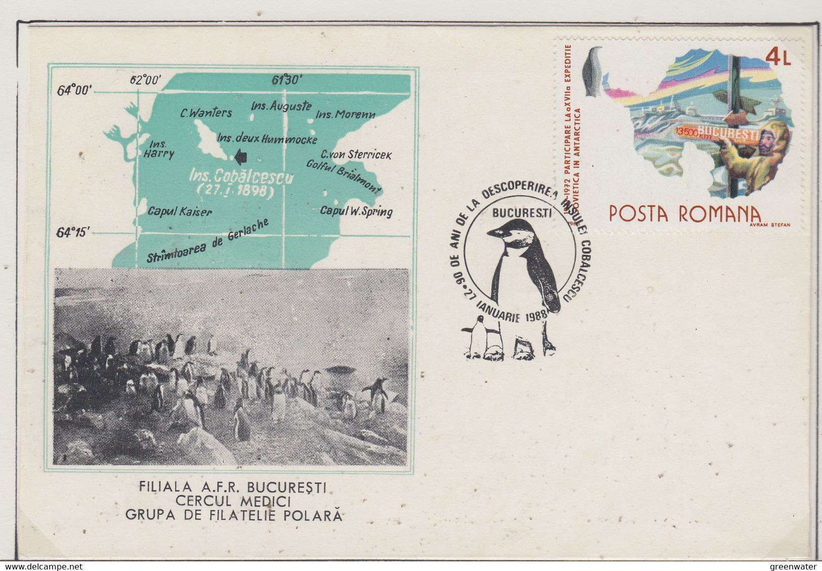 Romania  Antarctica  Cover Ca With Penguin Ca 27.1.1988 (XA167A) - Antarctic Wildlife