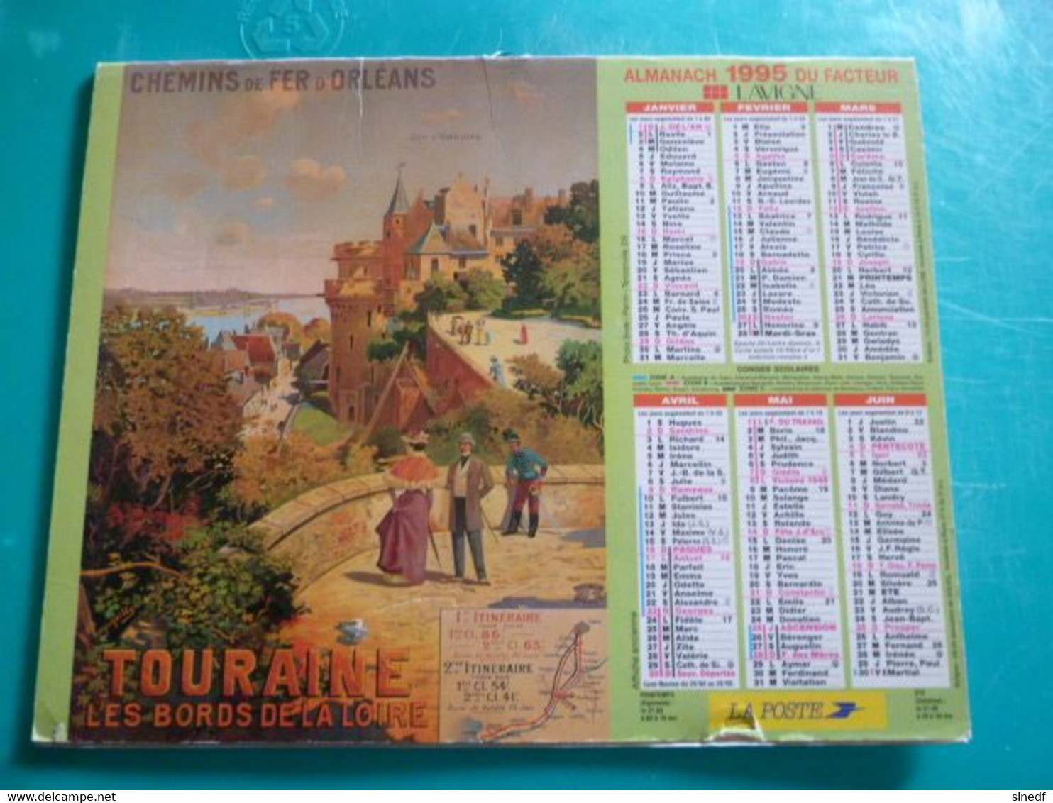 Calendrier Lavigne 1995 Affiche Ancienne Chemin De Fer Amboise Venise Gondole Almanach  Facteur Sarthe  PTT POSTE - Grand Format : 1991-00