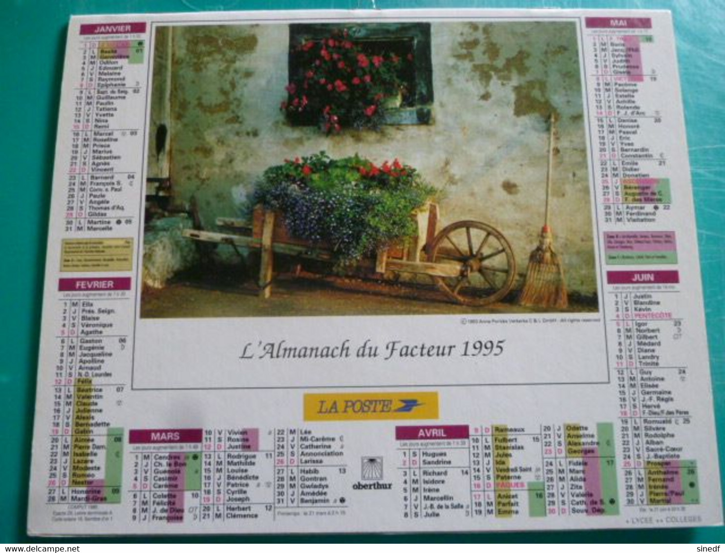 Calendrier Oberthur  1995 Brouette Fleurie Bidons Lait  Almanach  Facteur Sarthe  PTT POSTE - Grand Format : 1991-00