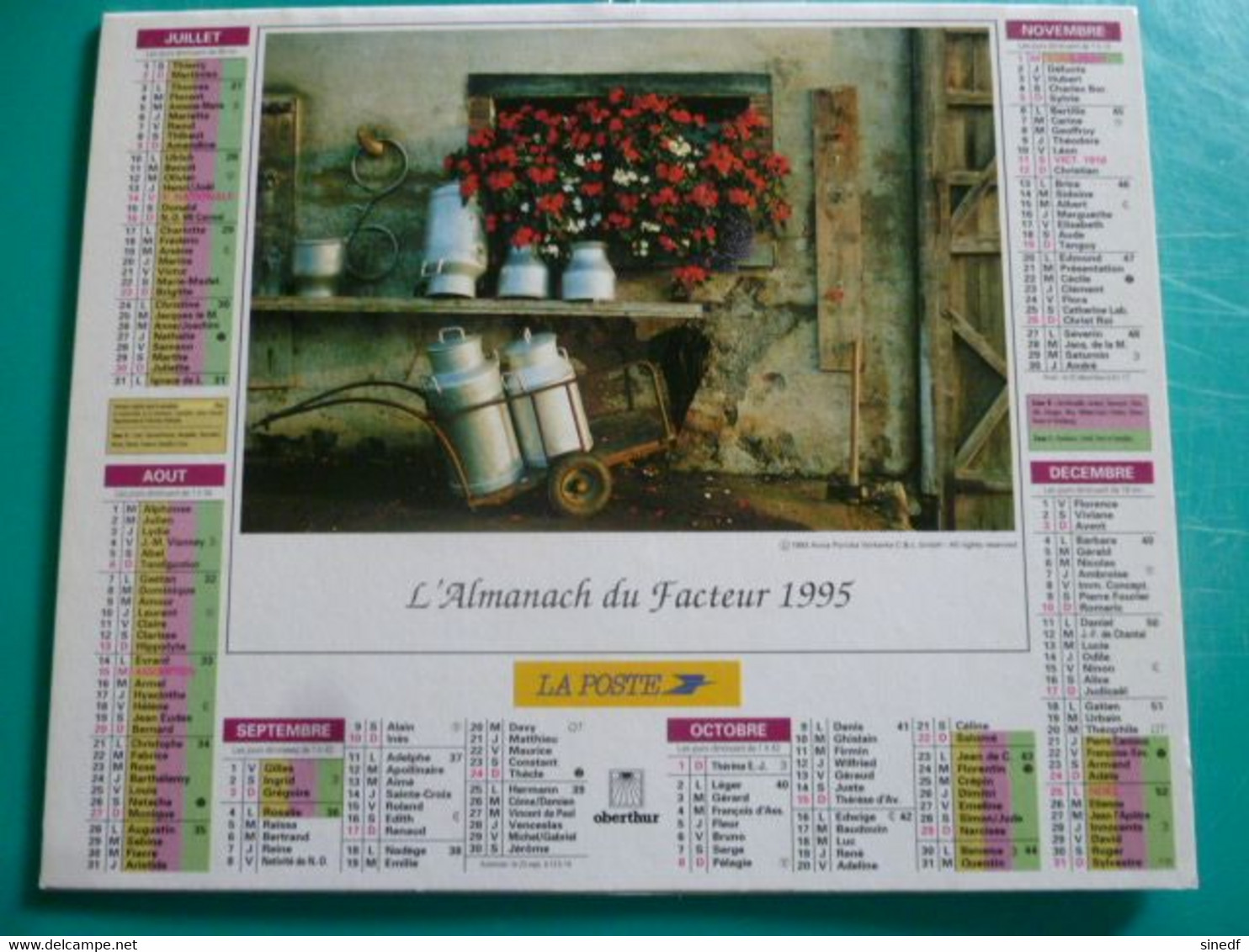 Calendrier Oberthur  1995 Brouette Fleurie Bidons Lait  Almanach  Facteur Sarthe  PTT POSTE - Grand Format : 1991-00