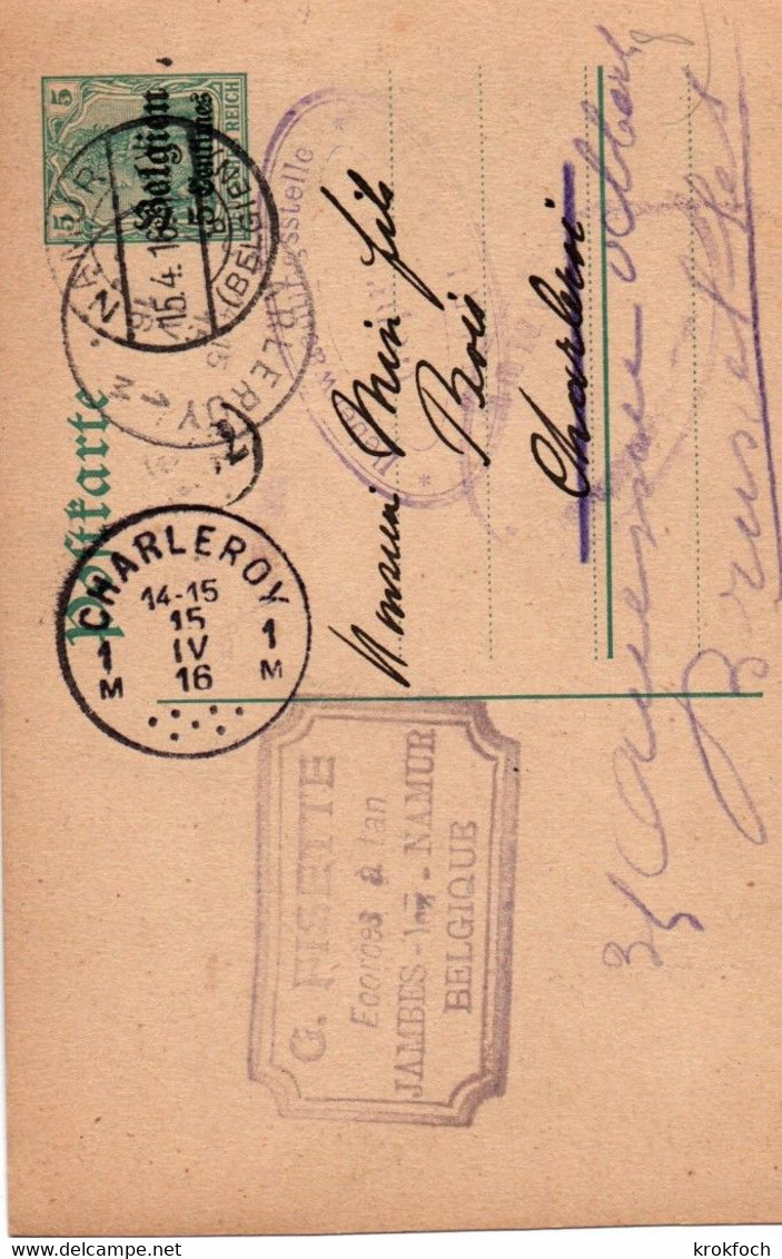 Charleroy 1916 - Oblitération à Points Sur Carte Entier Censurée - Postmarks - Points