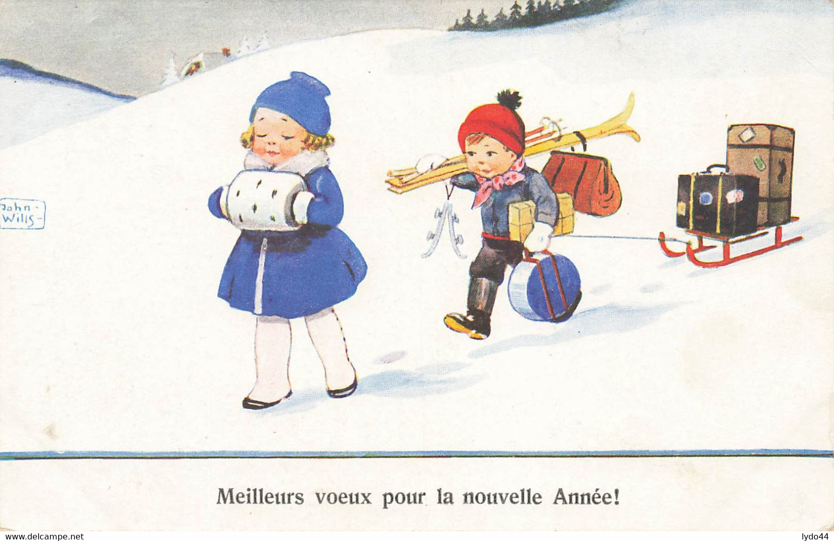 John WILLS , Enfants , Traineau , Ski , Neige , Meilleurs Voeux Pour La Nouvelle Année - Wills, John