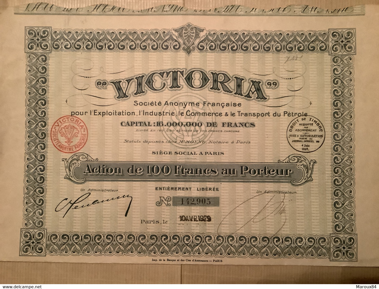 Victoria Ste Française Pour Exploitation Industrie,commerce.transport Pétrole Action 100 Fracs Au Porteur - Oil