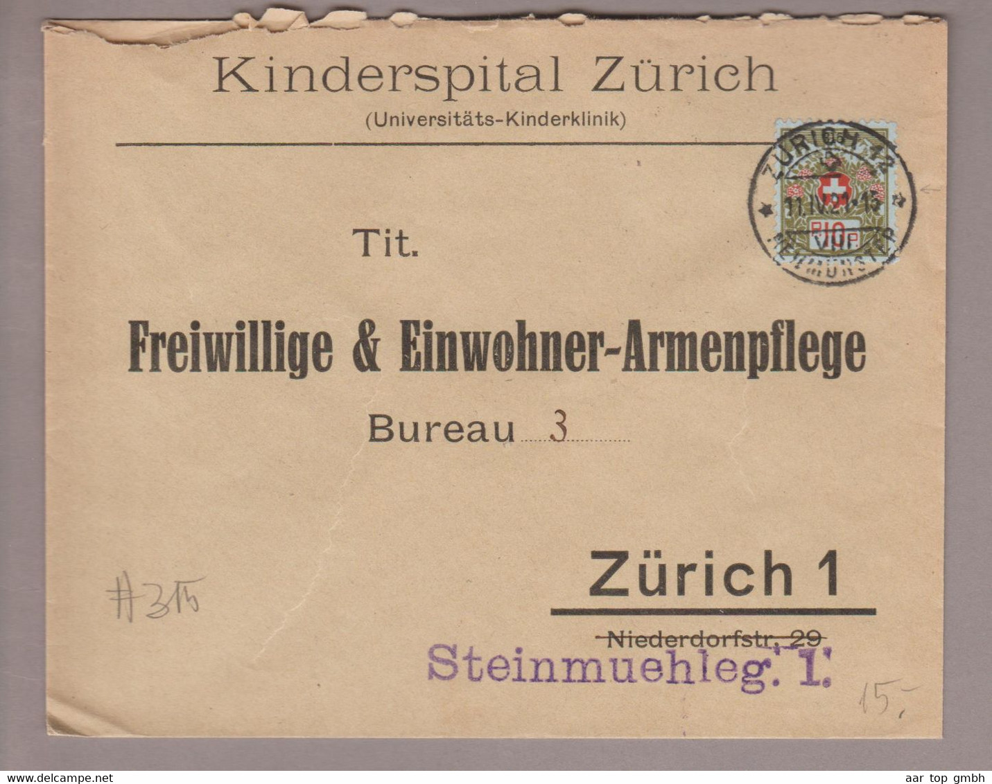 CH Portofreiheit Zu#5A Kl#315 10Rp. Ortsbrief Kinderspital Zürich - Vrijstelling Van Portkosten