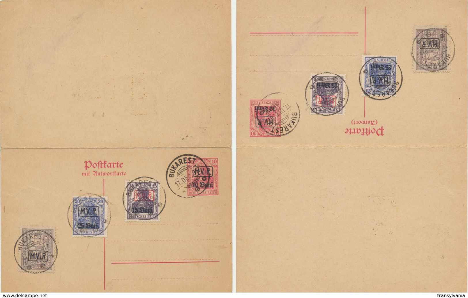 Romania WW1 Germany Occupation Double Stationery Card With MViR Overprinted Stamps Used As Philatelic Souvenir - Ocupaciones