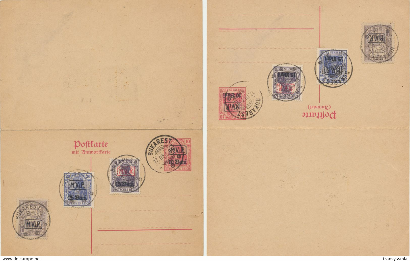 Romania WW1 Germany Occupation Double Stationery Card With MViR Overprinted Stamps Used As Philatelic Souvenir - Occupations