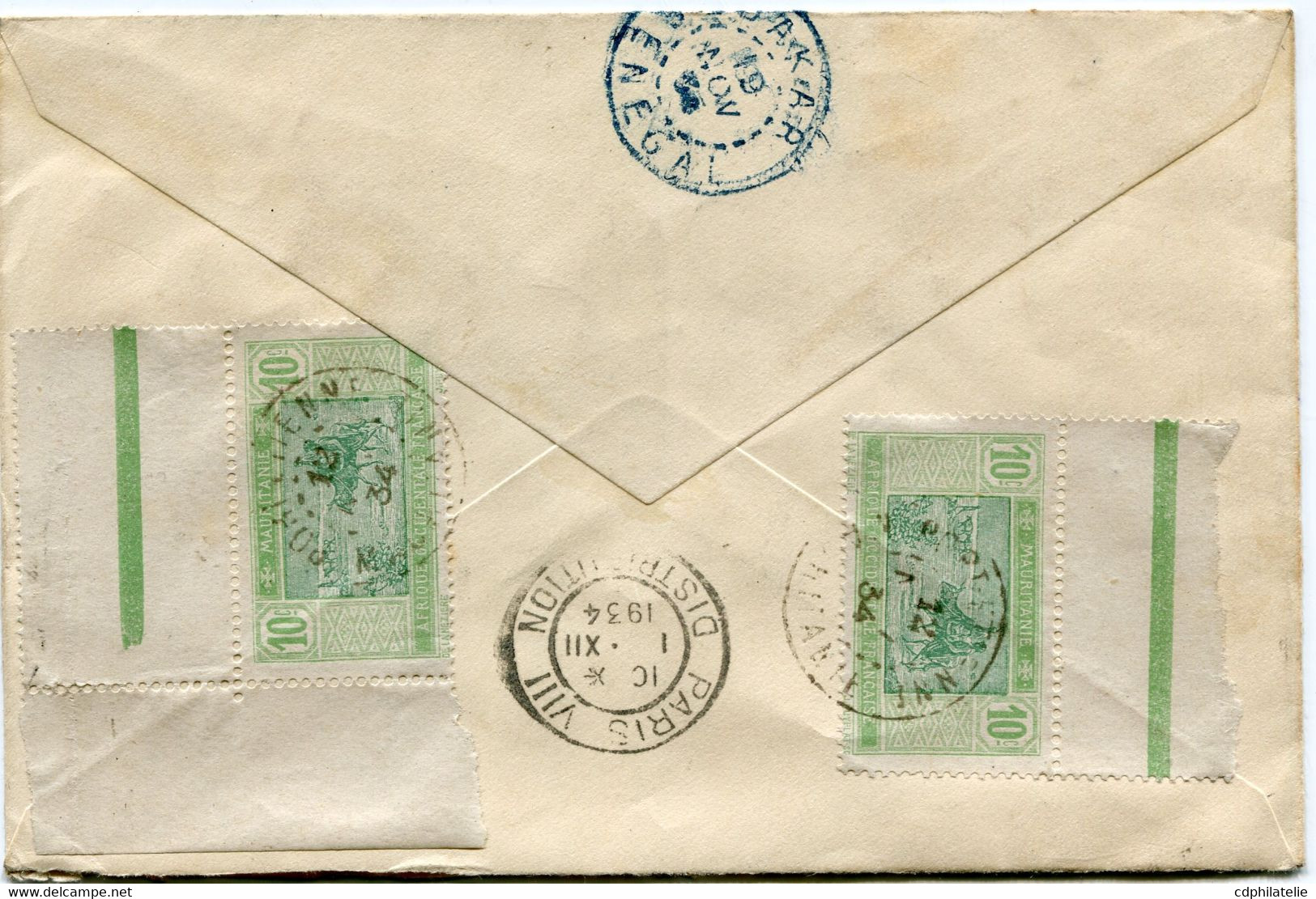 MAURITANIE LETTRE AVEC AFFRANCHISSEMENT COMPL AU DOS + CACHET " PAR AVION JUSQU'A DAKAR " DEPART PORT-ETIENNE 12 NOV 34 - Storia Postale