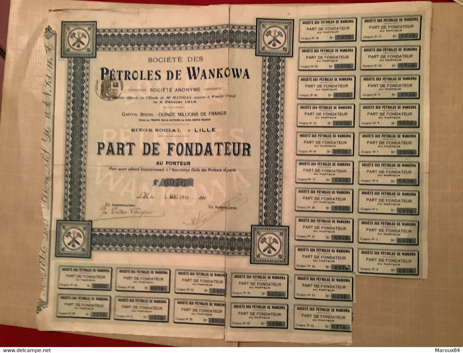 Sté Des Pétroles De Wankowa Part Fondateur Siège Sociale Lille - Pétrole