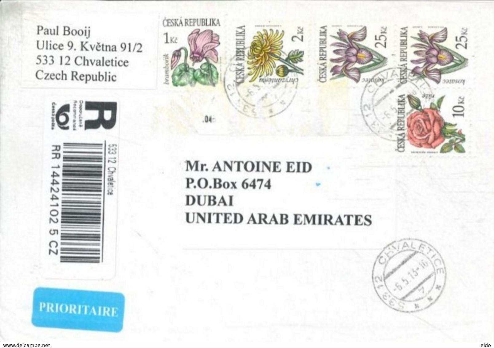 CZECH REPUBLIC - 2016 - REGISTERED STAMPS  COVER TO DUBAI. - Lettres & Documents