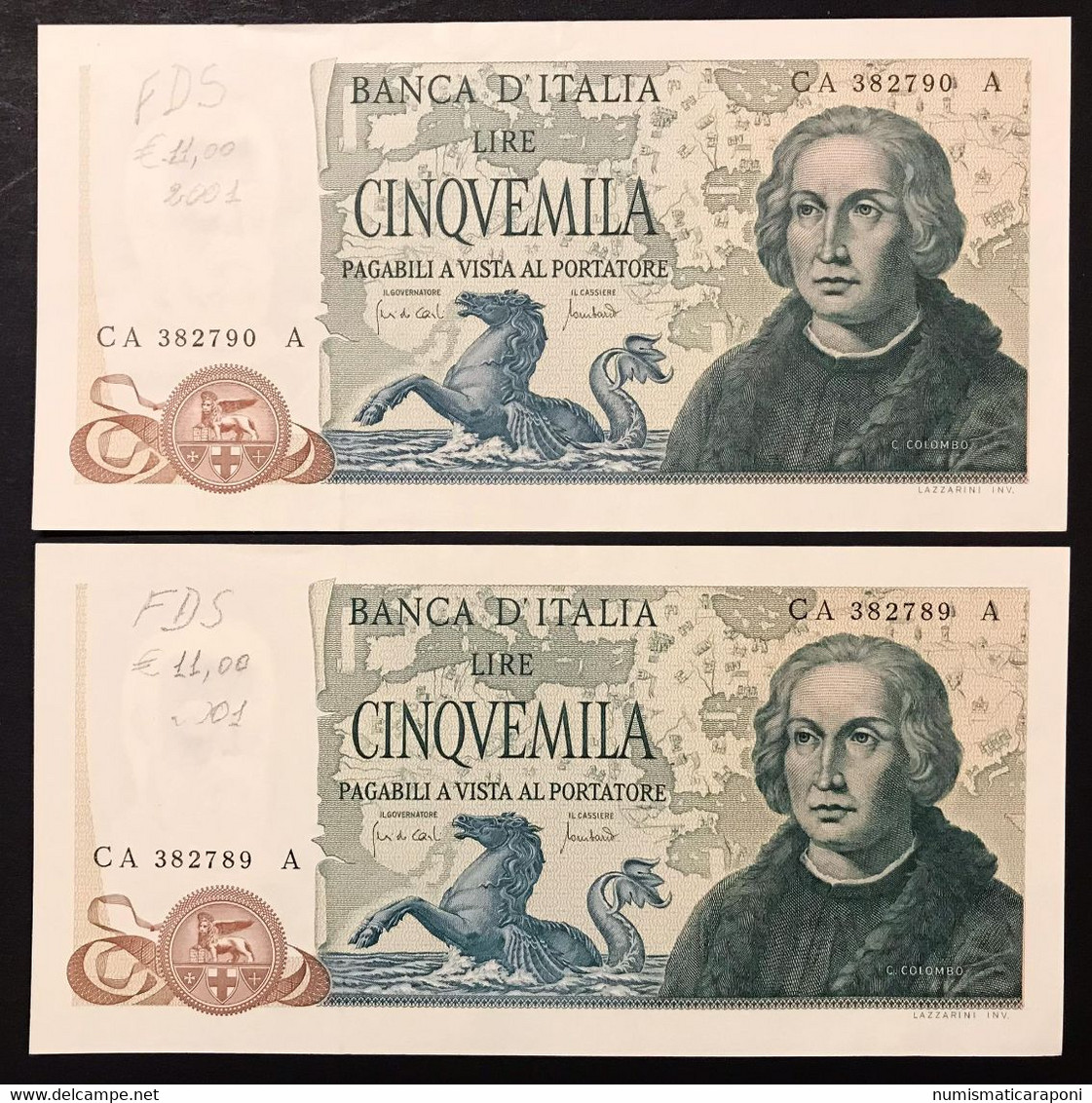 5000 Lire Colombo II° Tipo 3 Caravelle 20 05 1971 2 Biglietti Consecutivi Con Leggera Scritta A Matita Sup LOTTO 4226 - 5.000 Lire