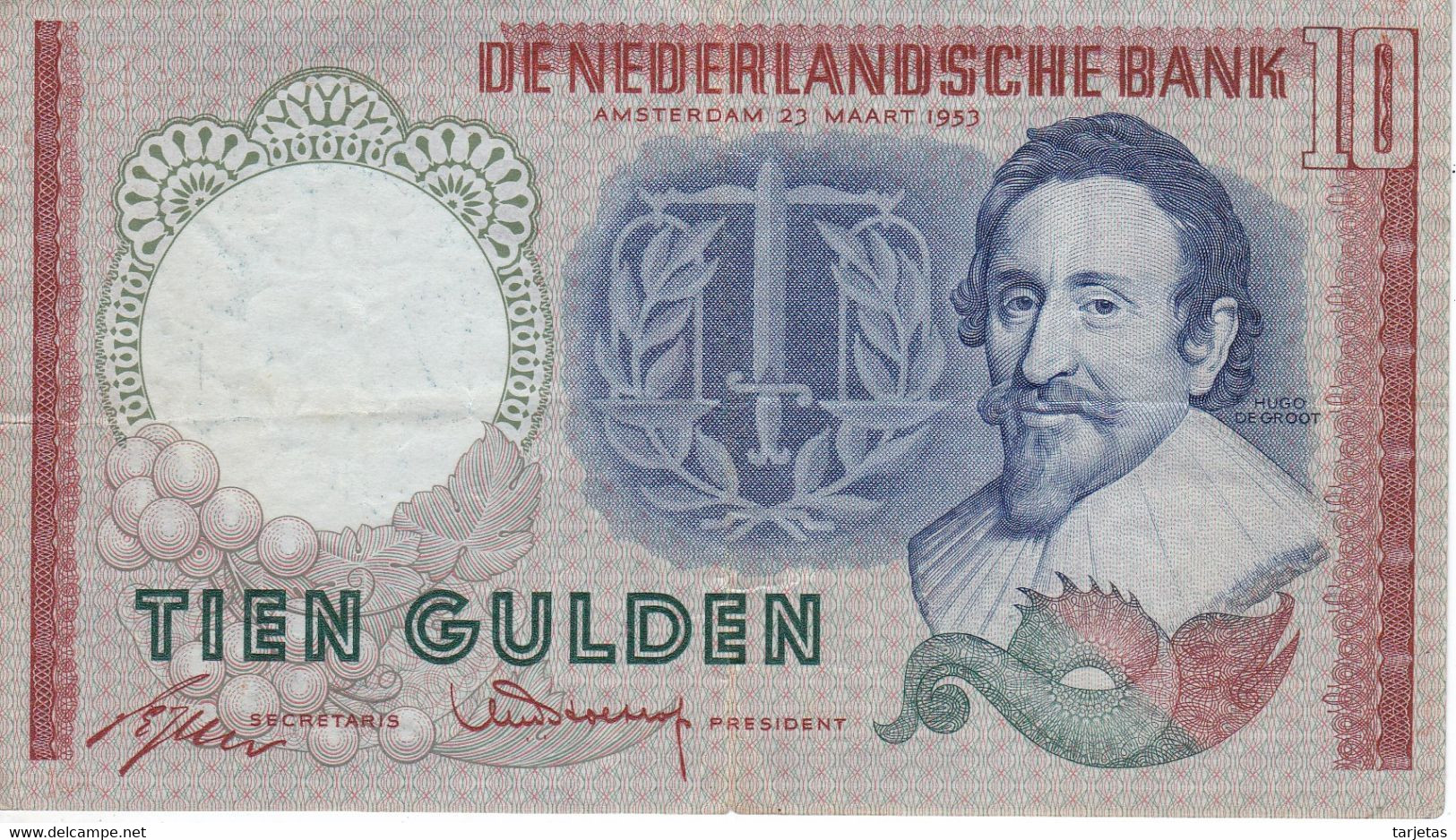 BILLETE DE HOLANDA DE 10 GULDEN DEL AÑO 1953 (BANKNOTE) - 10 Gulden