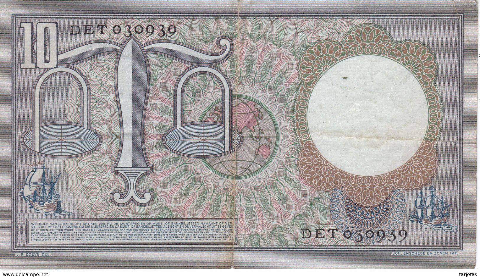 BILLETE DE HOLANDA DE 10 GULDEN DEL AÑO 1953 (BANKNOTE) - 10 Gulden