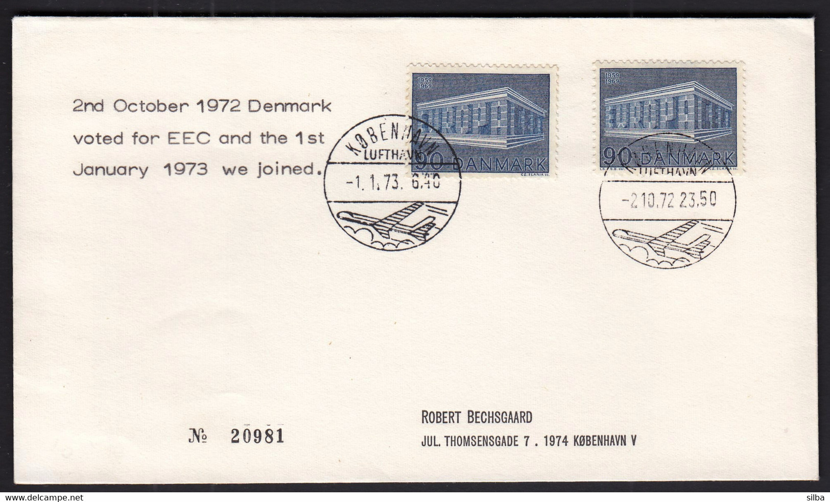 Denmark Kobenhavn Lufthavn 1972 1973 / Airplane / Ireland Member Of EEC 1.1.73. - Covers & Documents
