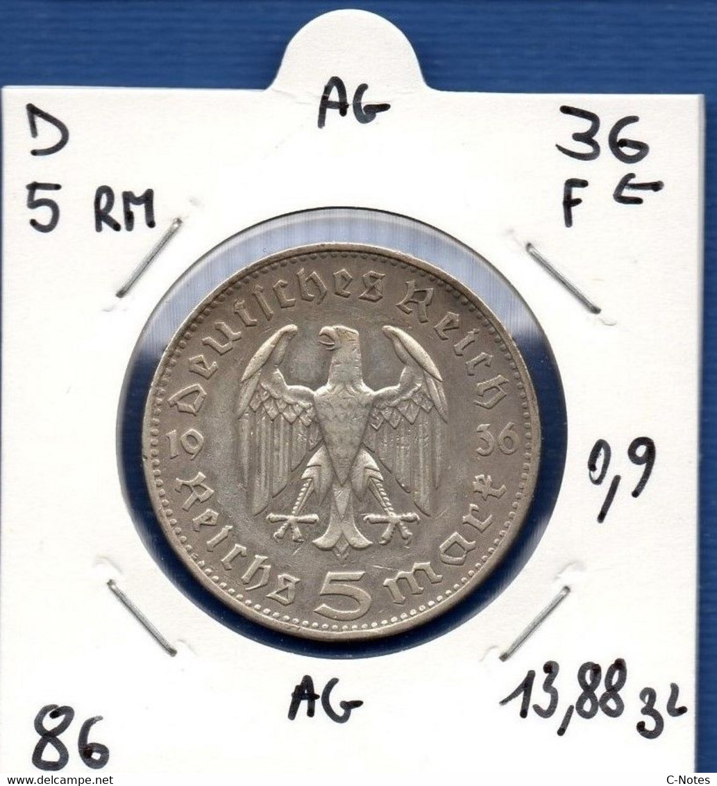 GERMANY - 5 Reichsmark 1936 F  -  See Photos - SILVER - Km 86 - 5 Reichsmark