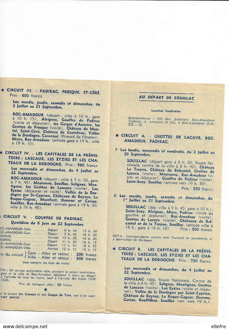 Horaires Des Autocars De Tourisme SNCF - 1954 - Circuits D'excursions Au Départ De Ros Amadour Souillac Lascaux Plan Pub - Europa