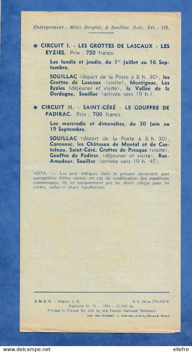 Horaires Des Autocars De Tourisme SNCF - 1954 - Circuits D'excursions Au Départ De Ros Amadour Souillac Lascaux Plan Pub - Europa