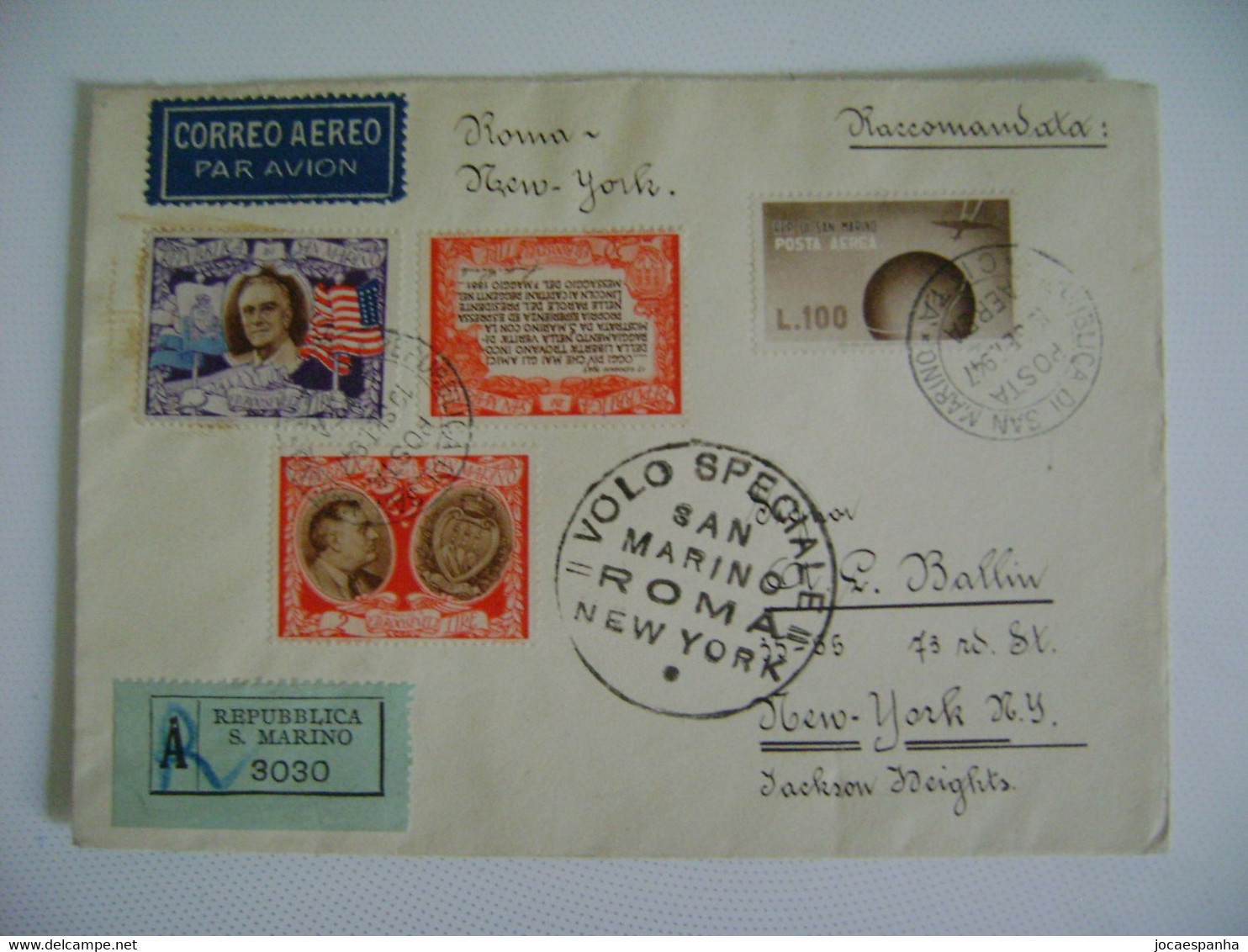 SAN MARINO - SPECIAL FLIGHT ENVELOPE SAN MARINO - ROMA - NEW YORK IN 1947 IN THE STATE - Brieven En Documenten