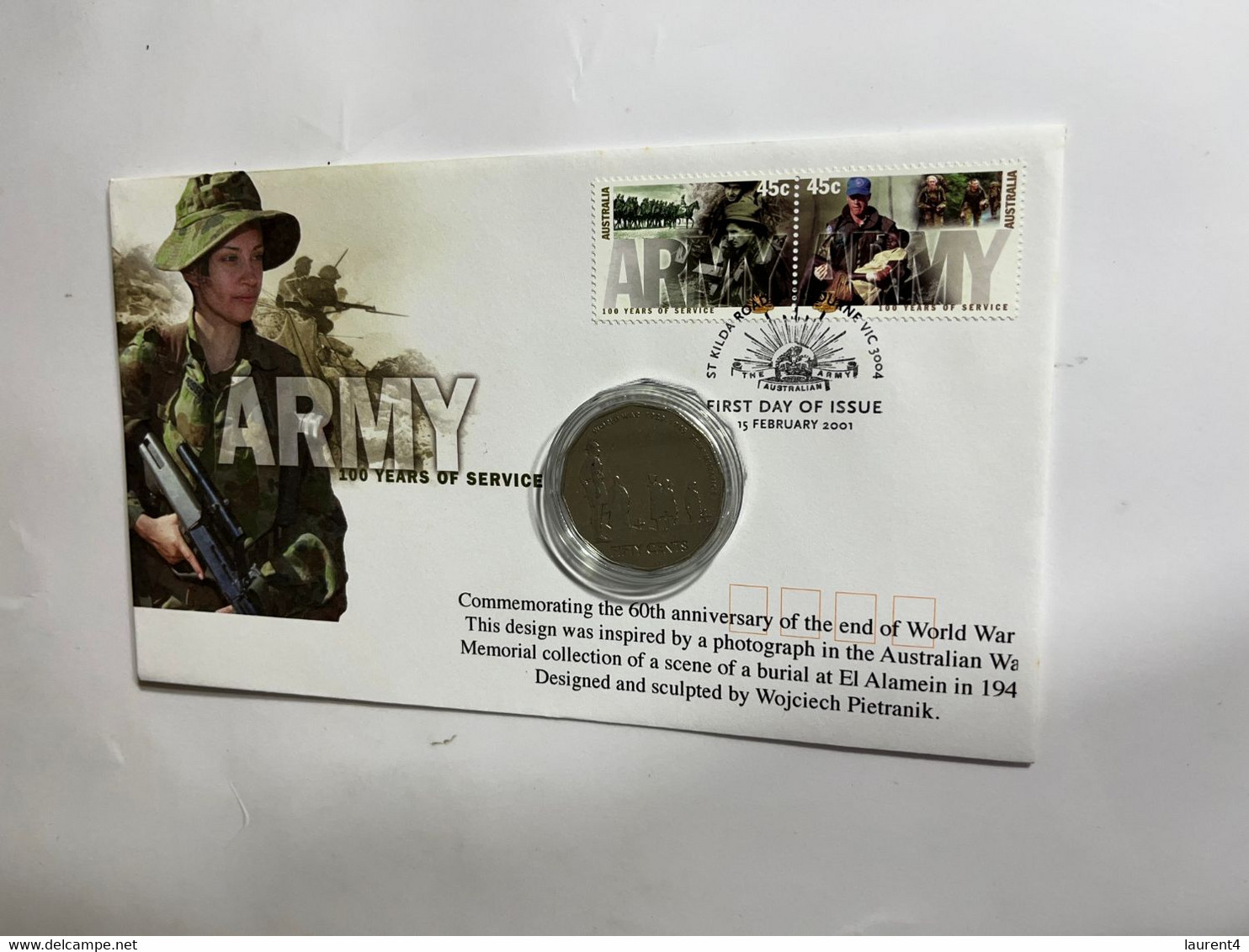 (4 M 38) Australia - 50 Cent Coin End Of WWII Coin On Army 100 Years Of Service FDC Cover 2001 (St Kilda P/m) - 20 Cents
