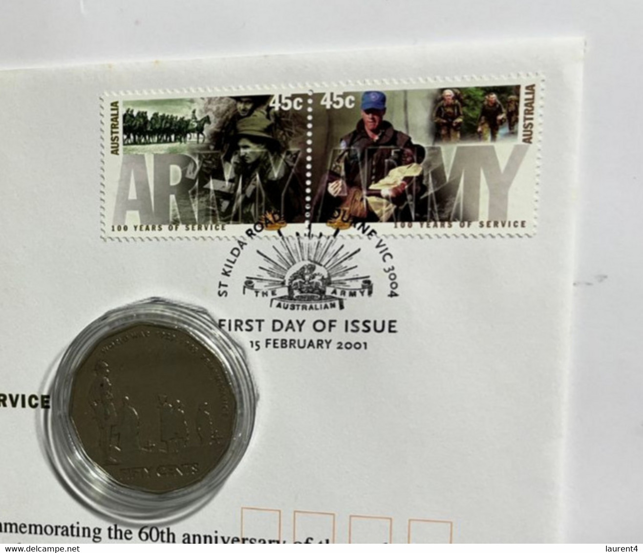 (4 M 38) Australia - 50 Cent Coin End Of WWII Coin On Army 100 Years Of Service FDC Cover 2001 (St Kilda P/m) - 20 Cents