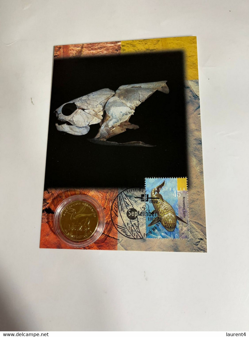 (4 M 38) Australia - Dinosaur (Ancient Australia Wildlife) 1997 Maxicard With 2022 Dinosaur $ 1.00 Coin - Dollar