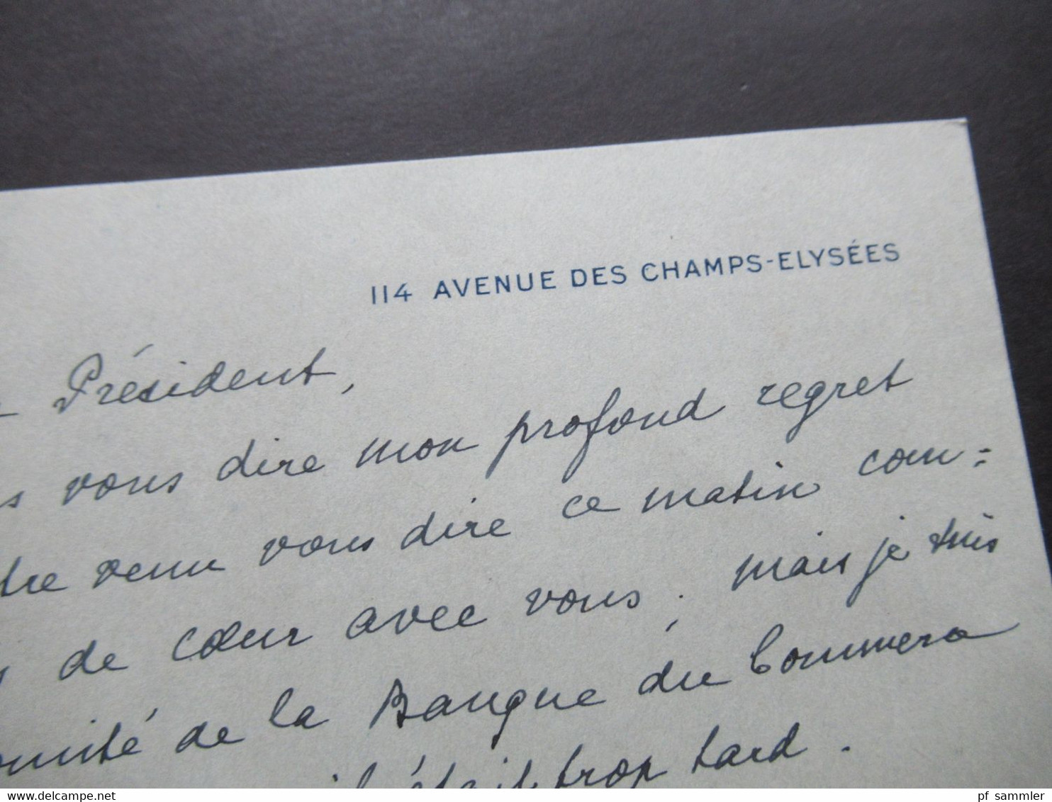 Frankreich 1936 Karte Mit Absender Adresse 114 Avenue Des Champs-Elysées "Mon Cher President" Mit Unterschrift Roger Le - Historische Dokumente