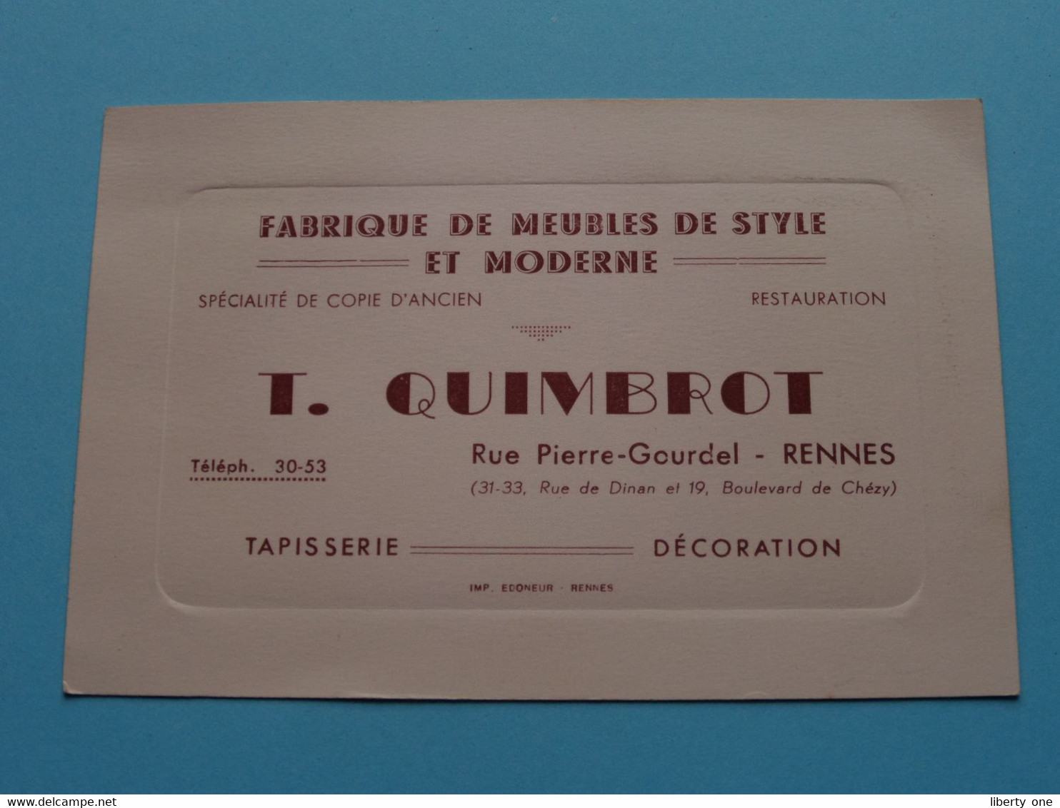 T. QUIMBROT Fabrique De Meubles à RENNES ( Voir / Zie Scan ) ! - Cartes De Visite