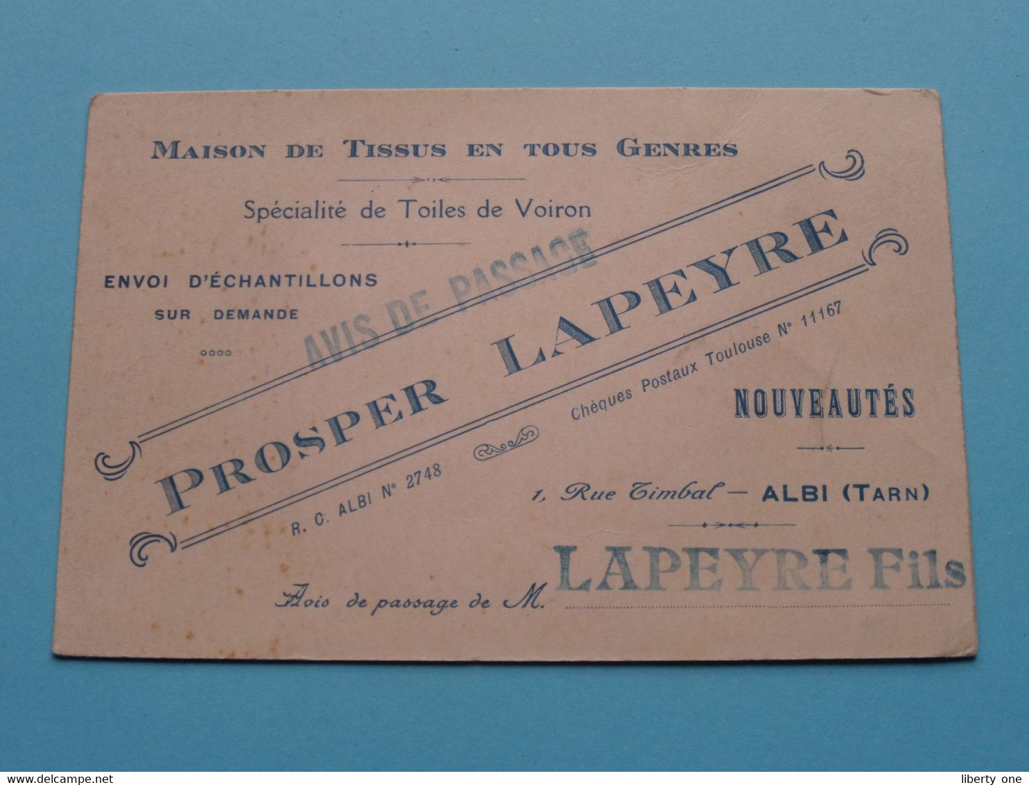 Maison De Tissus PROSPER LAPEYRE Rue Timbal ALBI ( Tarn ) ( Voir / Zie Scan ) ! - Cartes De Visite