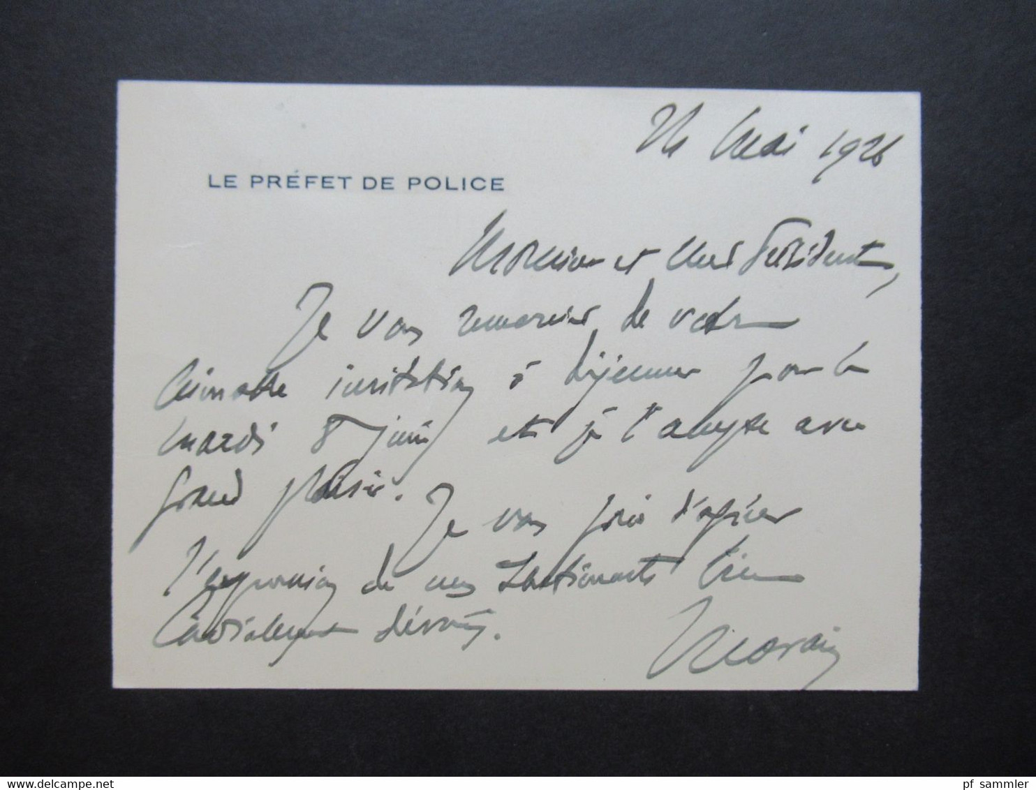 Frankreich 1926 Hanschriftliche Karte Le Prefet De Police Mit Autogramm / Unterschrift - Historical Documents