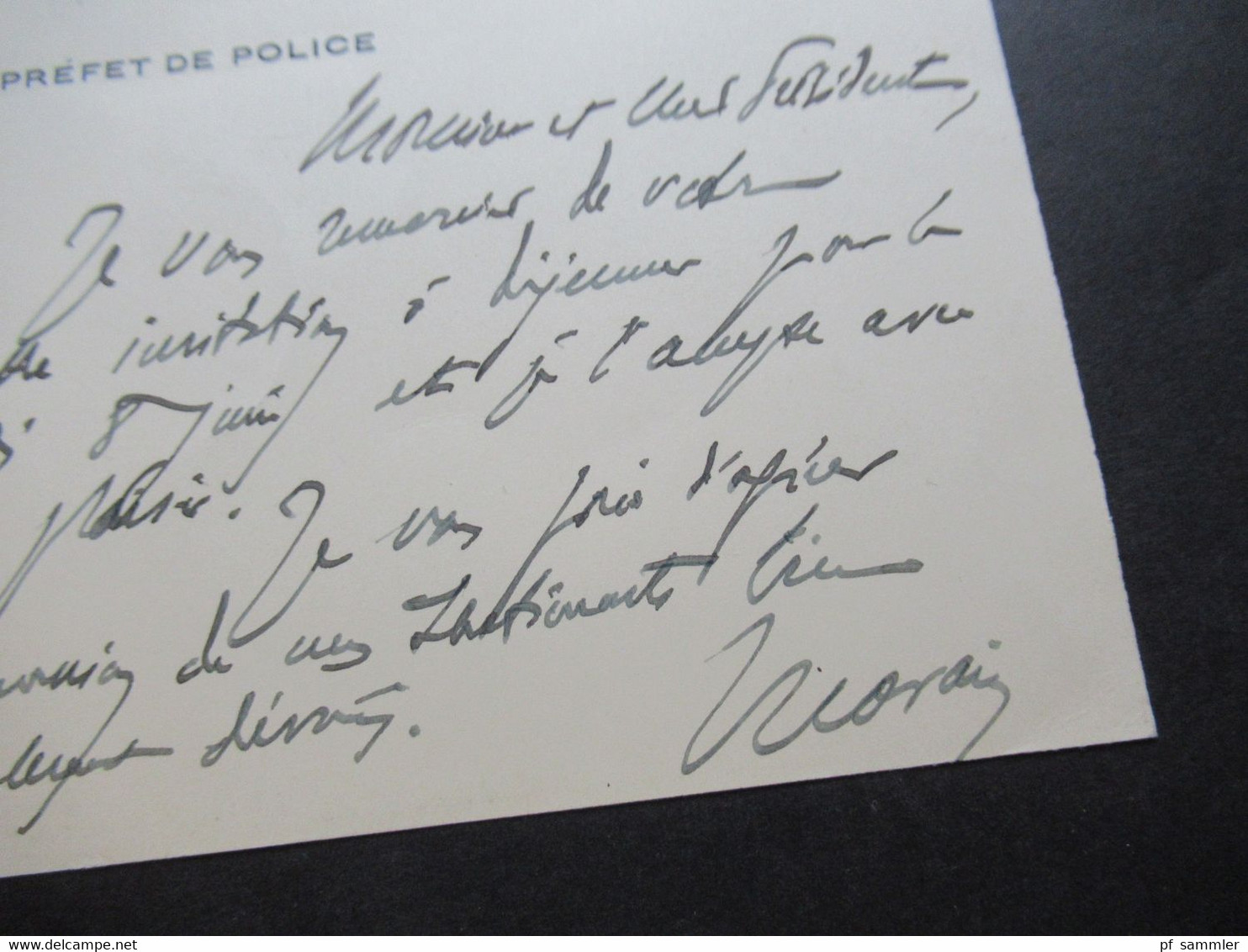 Frankreich 1926 Hanschriftliche Karte Le Prefet De Police Mit Autogramm / Unterschrift - Historische Dokumente