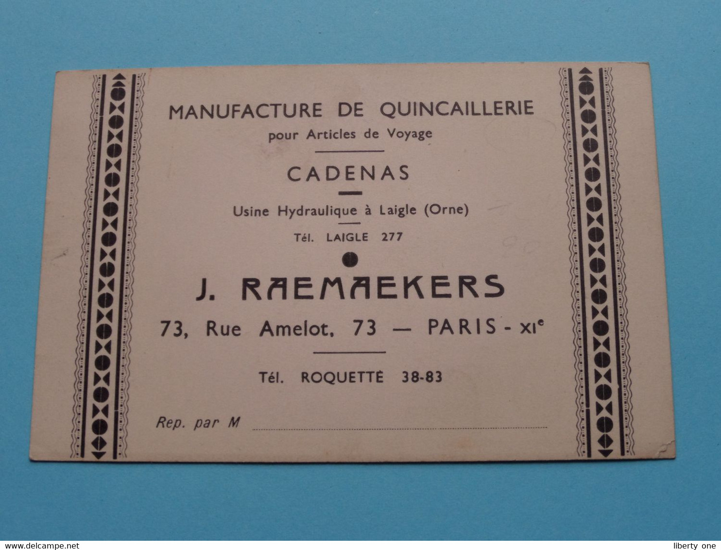 Man. De Quincaillerie CADENAS J. RAEMAEKERS Rue Amelot PARIS XIe ( Voir / Zie Scan ) ! - Visitekaartjes