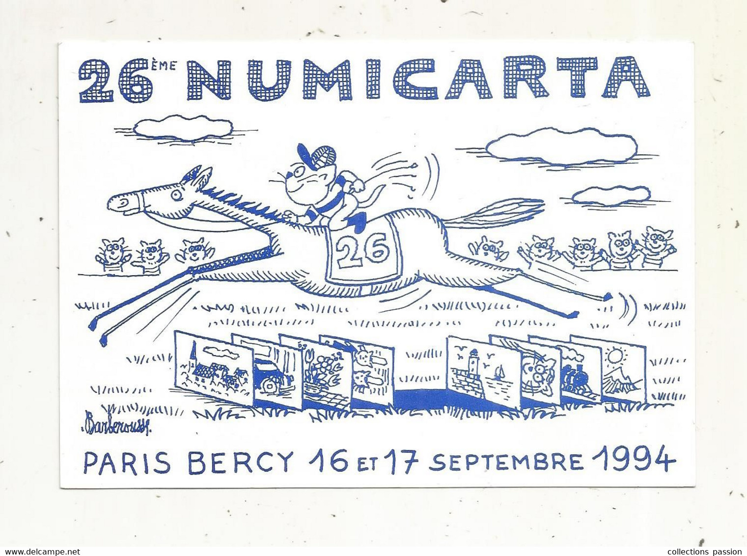 Cp, Bourses & Salons De Collections, 26 E Numicarta,Paris-Bercy,1994,  Illustrateur : BARBEROUSSE,  Le Cheval Gagnant... - Collector Fairs & Bourses