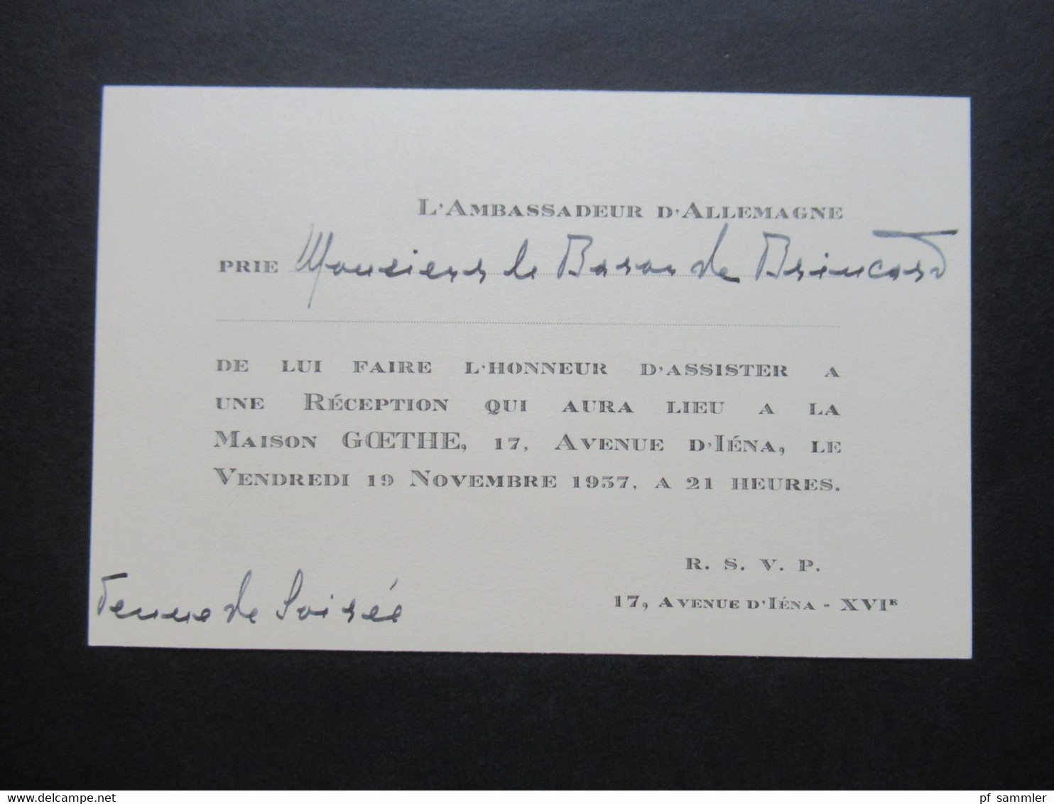 Frankreich / Deutsches Reich 1937 Originale Einladungskarte Ambassadeur D'Allemagne Maison Goethe D'Iena / Jena - Historische Dokumente