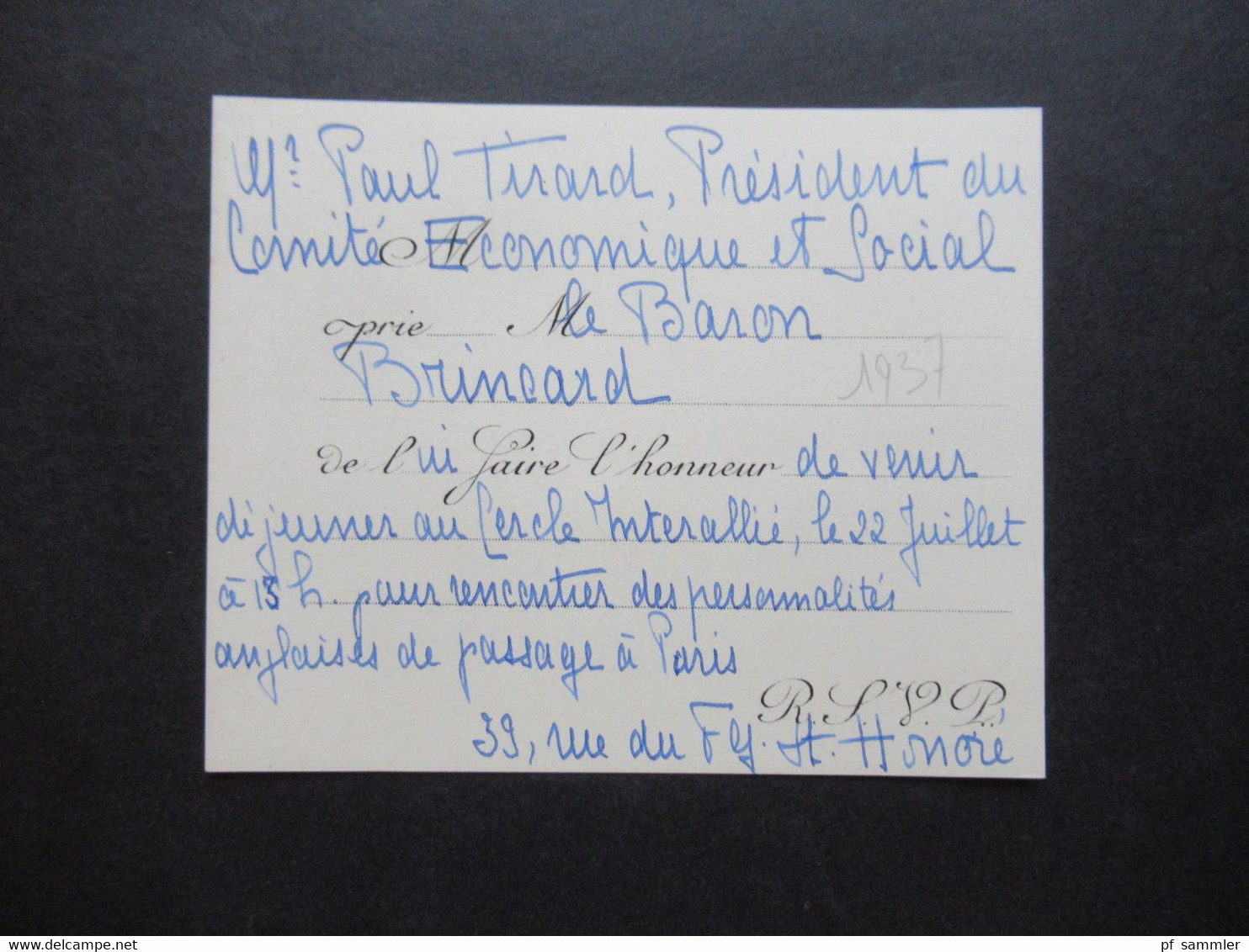 Frankreich 1937 Originale Handschriftliche Einladungskarte Paul Tirard President Du Comité Economique Et Social - Historische Dokumente