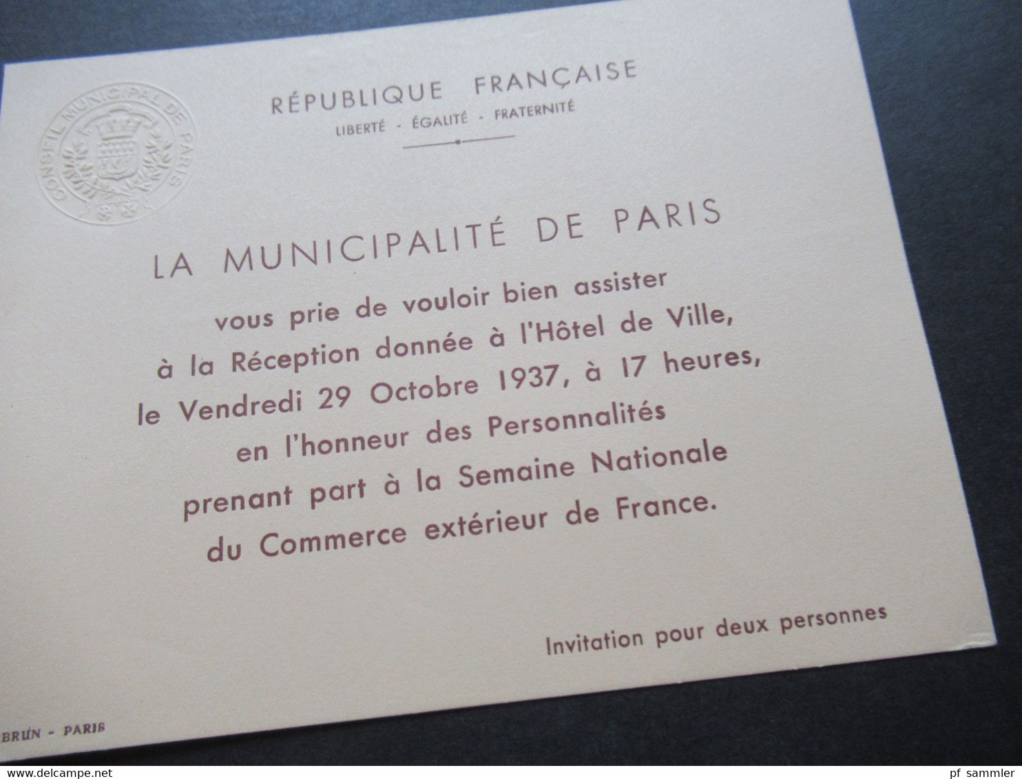 Frankreich 1937 Originale Einladungskarte La Municipalité De PARIS Semaine Nationale /Prägung Conseil Municipal De Paris - Historische Dokumente