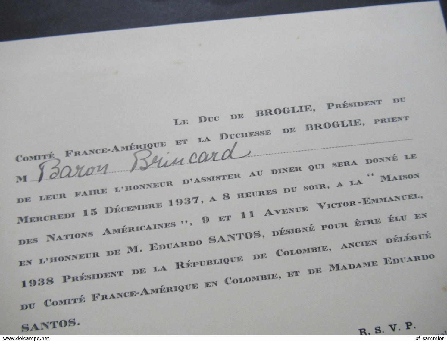 Frankreich 1937 Originale Einladungskarte Le Duc De Broglie President Du Comité France - Amerique / M. Eduardo Santos - Historische Dokumente