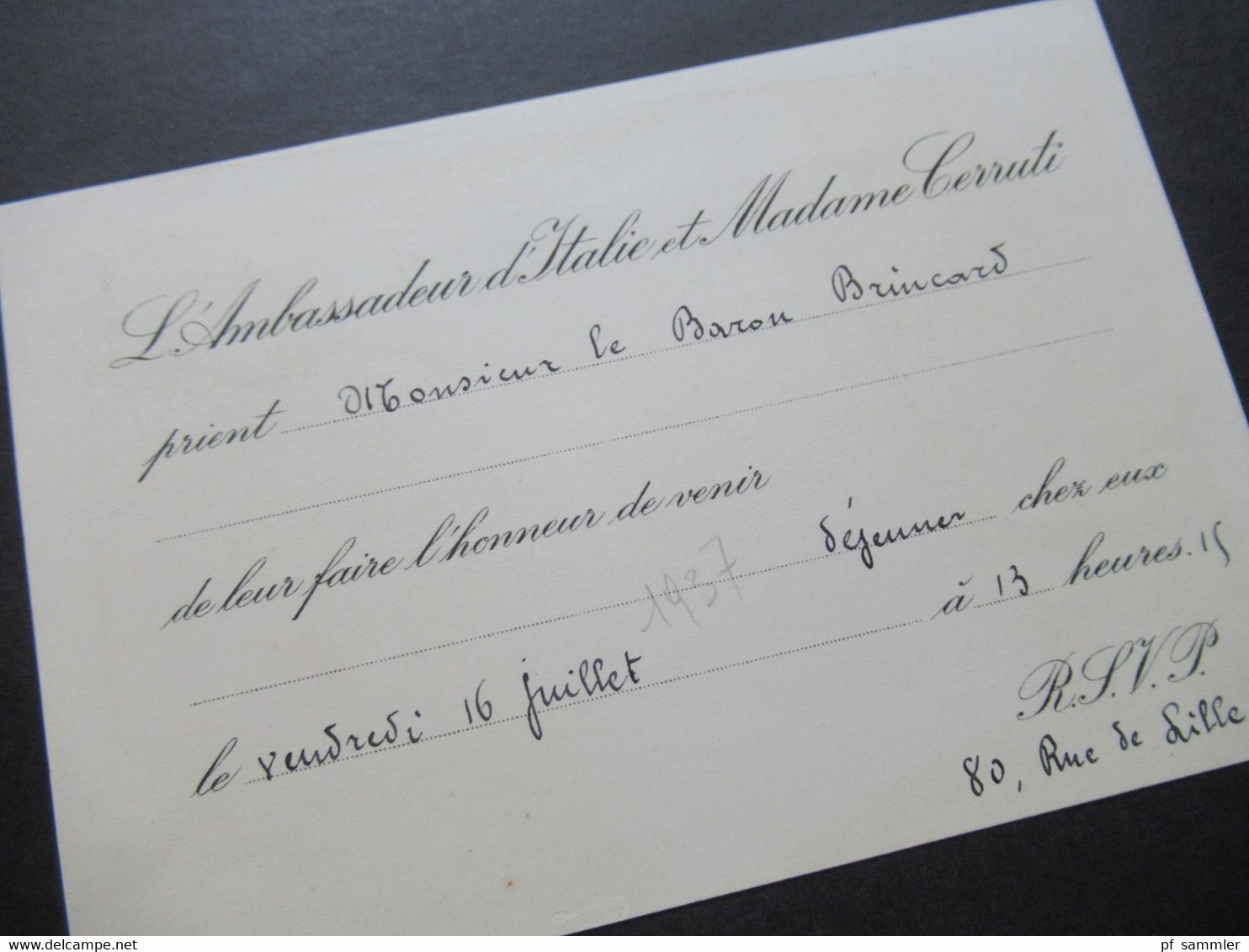 Frankreich 1937 Originale Einladungskarte L'Ambassadeur D'Italie Et Madame Cerruti - Historische Dokumente