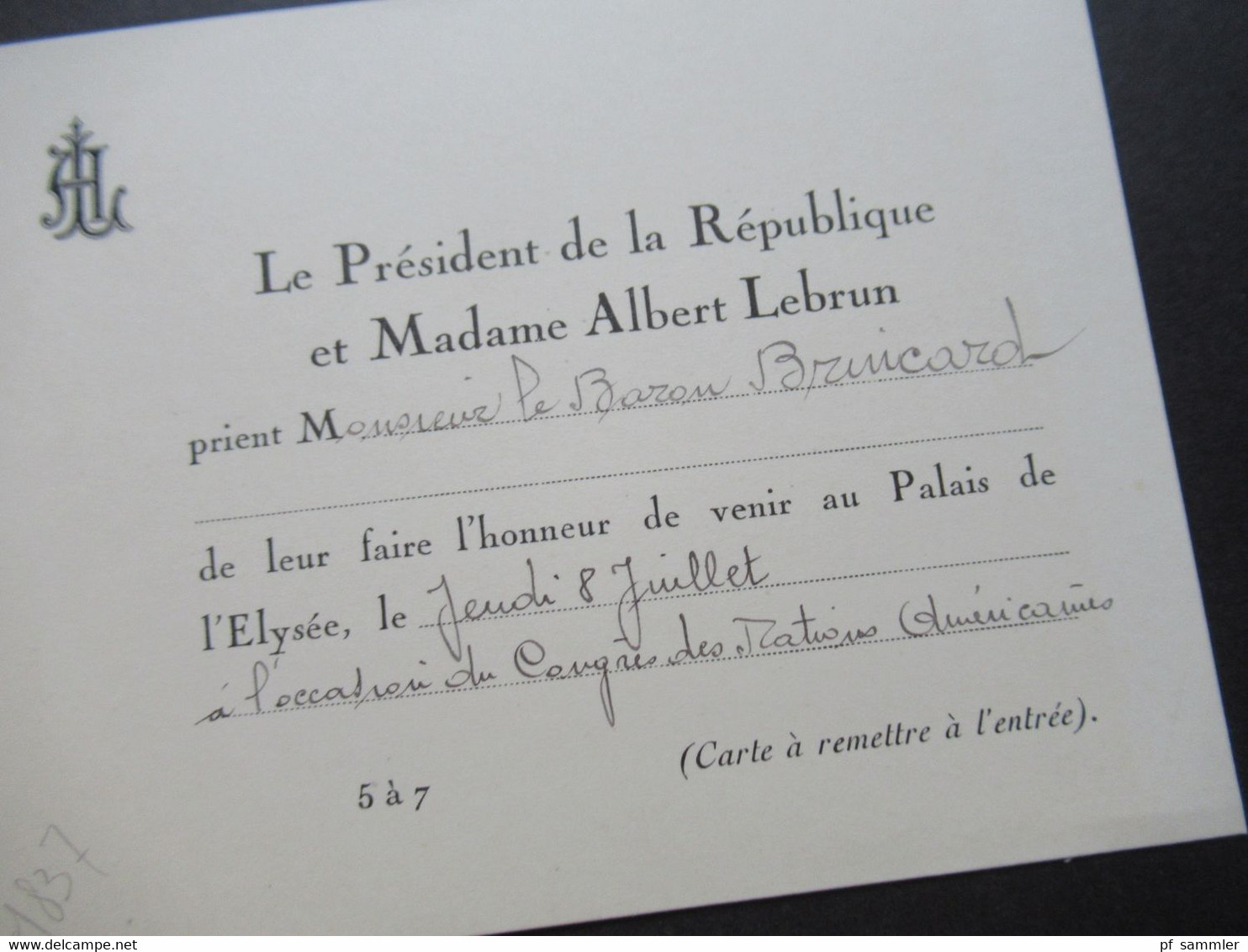 Frankreich 1937 Originale Einladungskarte Le President De La Republique Et Madame Albert Lebrun / Palais De L'Elysée - Historical Documents