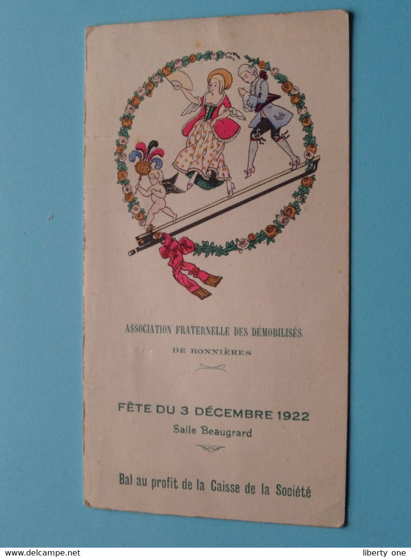 Fête Du 3 Décembre 1922 Salle Beaugrard - BAL Au Profit De La Socièté De Bonnières / Démobilisés ( Voir / Zie Scan ) ! - Programmes