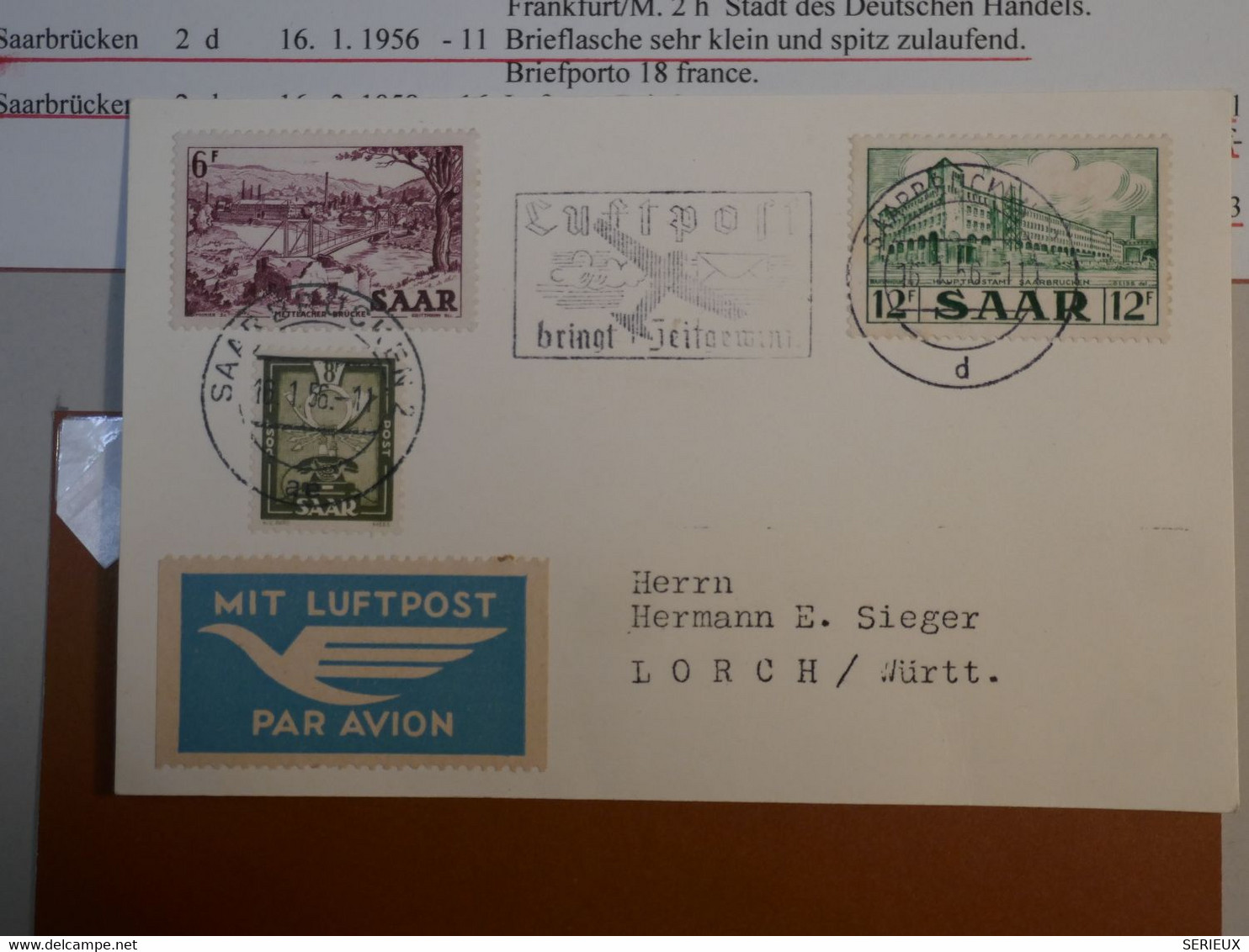 BJ6 SAAR  ALLEMAGNE  BELLE CARTE LETTRE 1956 SAARBRUCK A LORSCH +VIGNETTE   +LUFTPOST  +AFFRANCH. PLAISANT +++ - Poste Aérienne