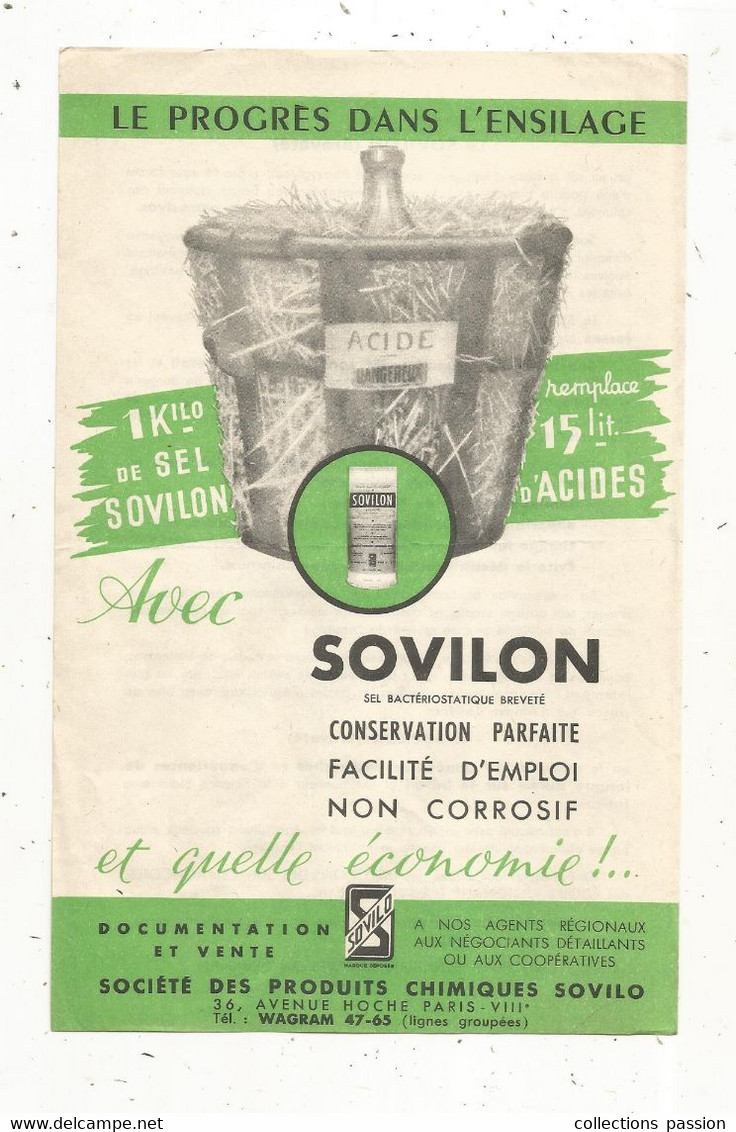 Publicité, Agriculture, Sel SOVILON, Le Progrés Dans L'ensilage,sté Des Produits Chimiques SOVILO, Paris, Frais Fr 1.65e - Publicités