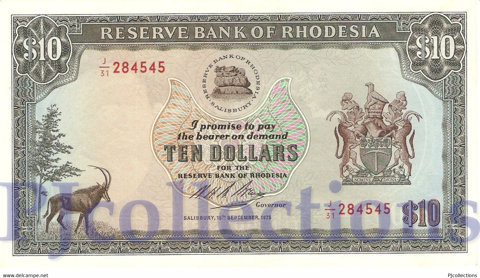 RHODESIA 10 DOLLARS 1975 PICK 33g AU - Rhodesia