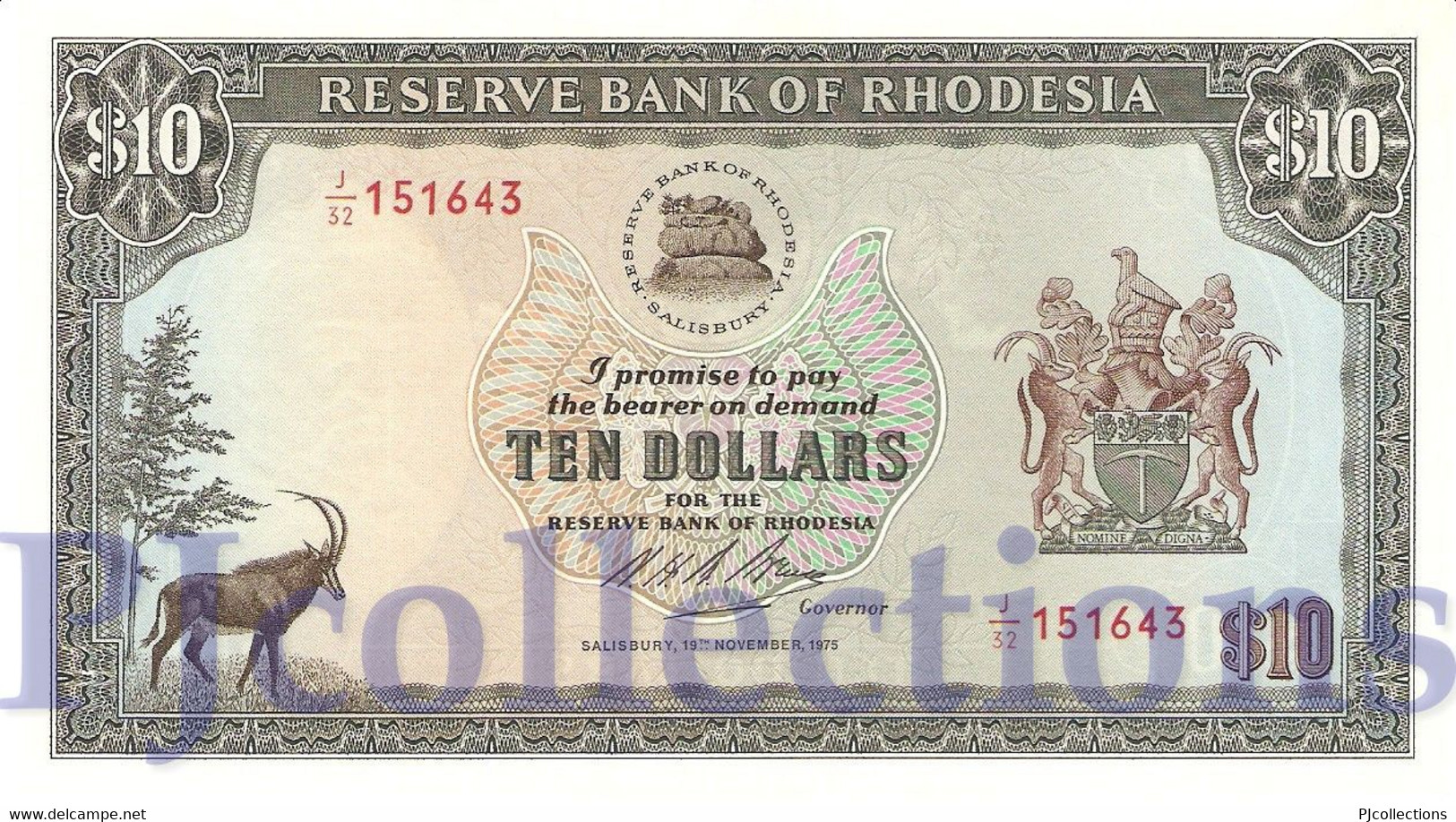 RHODESIA 10 DOLLARS 1975 PICK 33h UNC - Rhodesia