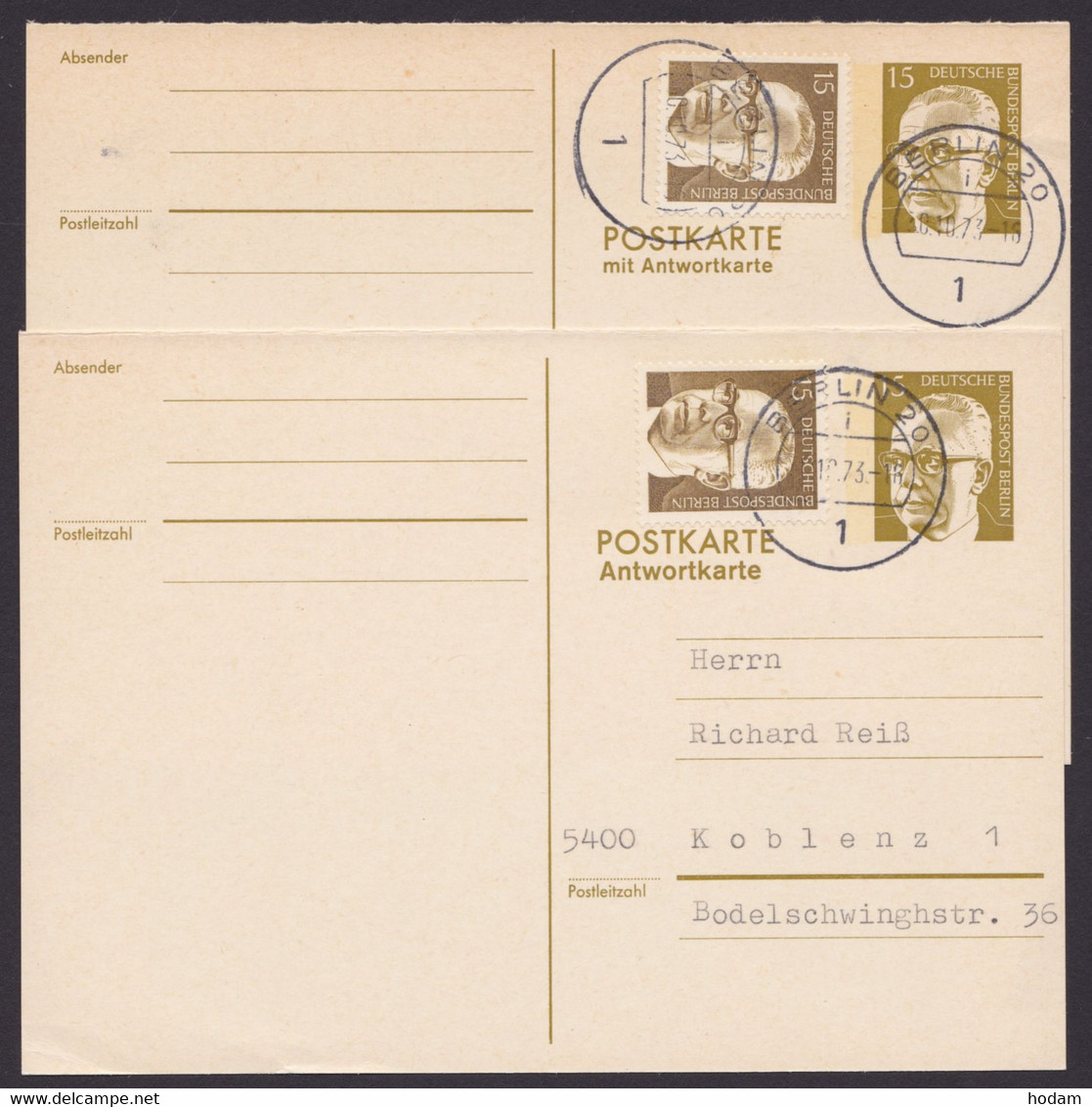 P 92 F, A, Je Zusatzfrankatur, Blanko "Berlin", 30.10.73 - Postcards - Used