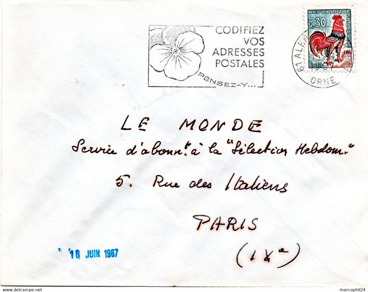 ORNE - Dépt N° 61 = ALENCON ENTREPOT 1967 = FLAMME Codée =  SECAP Multiple ' PENSEZ + CODIFIEZ' = Pensée N° 1 - Código Postal