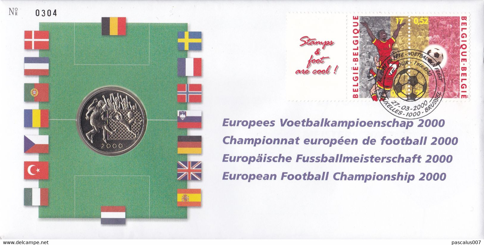 15 2892 2893 NS FDC 304  Belgique  Numisletter  Sport Football Championnat Bruxelles 1000 Brussel 27-3-2000 - Numisletters