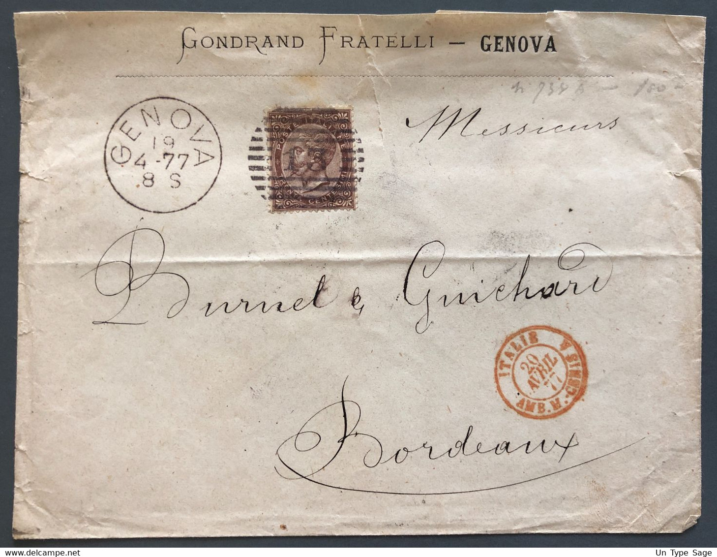 France Marque D'entrée ITALIE AMB. M. CENIS A 20.4.1877 Sur Enveloppe De Genova - (C1859) - Entry Postmarks